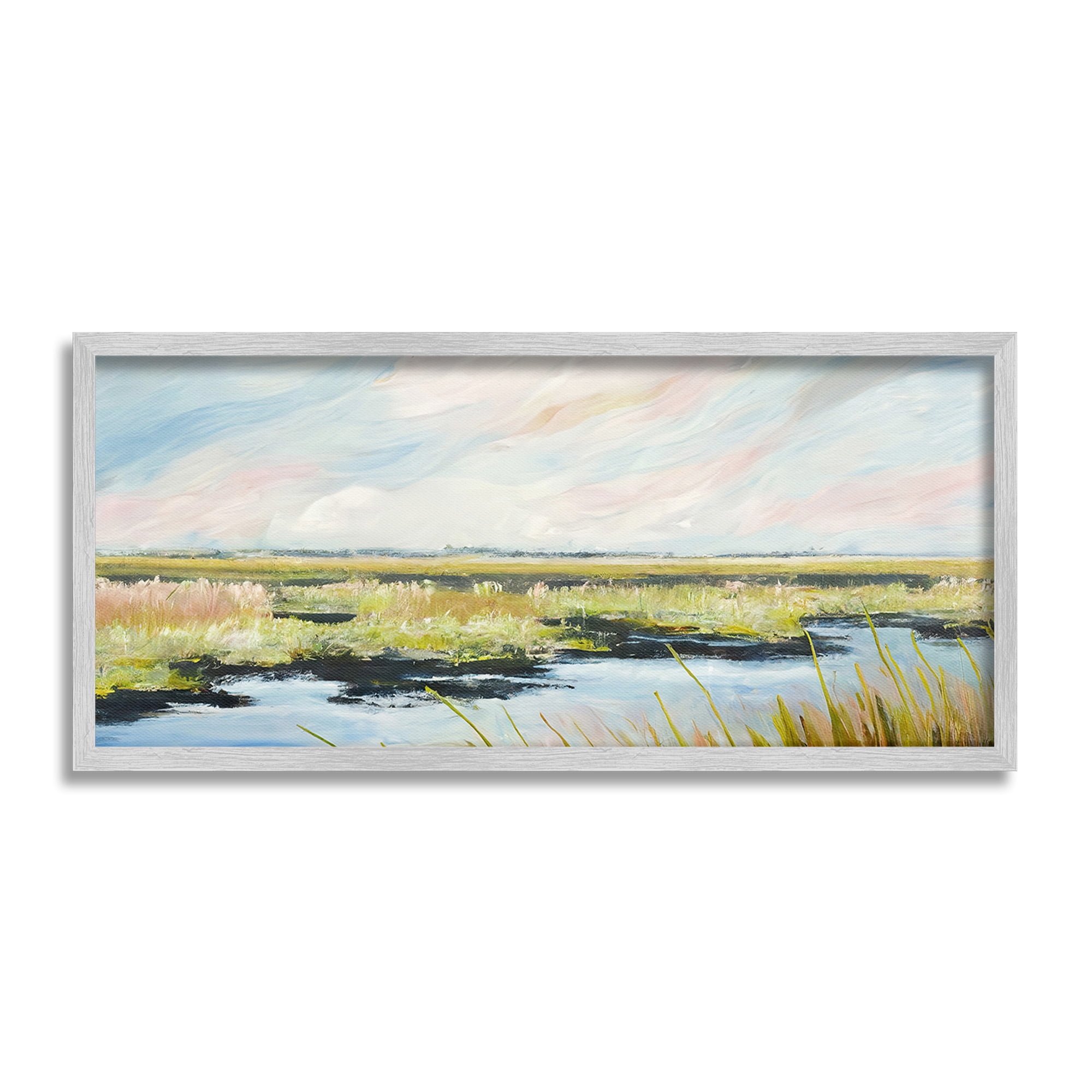 Stupell Industries River with Pastel Sky Landscape Painting Gray Framed Art Print Wall Art, 30 x 13