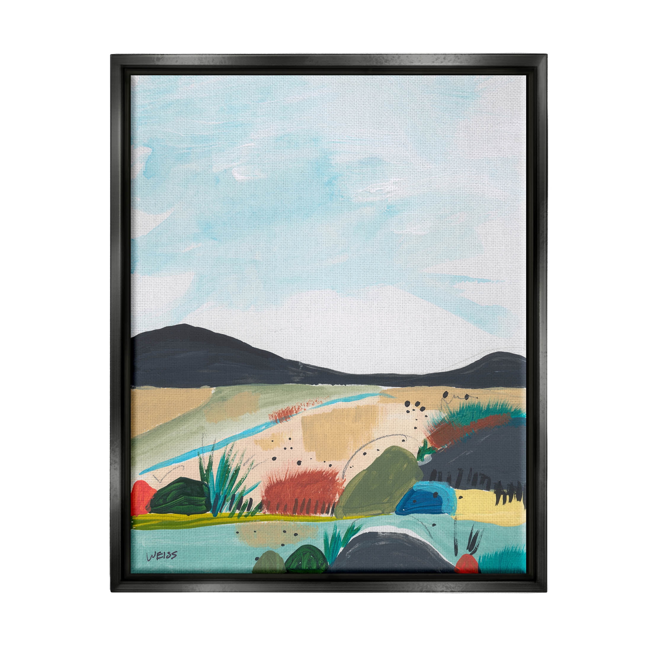 Stupell Industries Riverside Mountain Landscape Scene Painting Jet Black Floating Framed Canvas Print Wall Art, Design by Jan Weiss