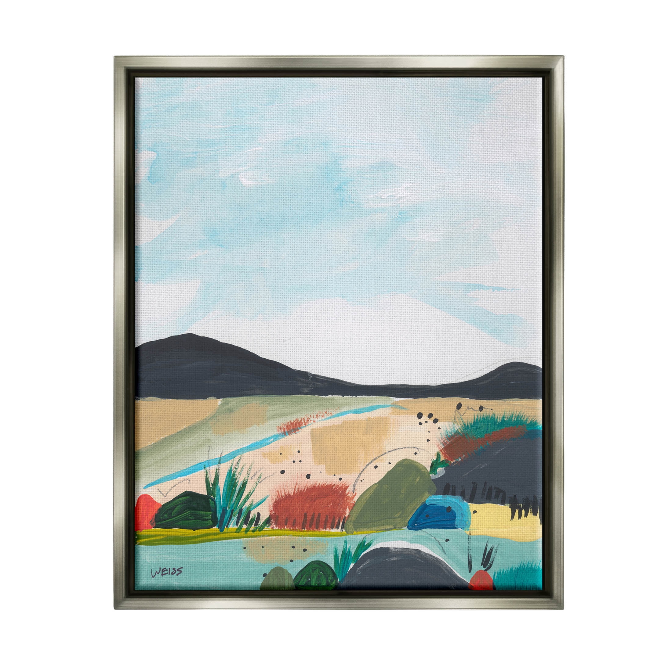 Stupell Industries Riverside Mountain Landscape Scene Painting Luster Gray Floating Framed Canvas Print Wall Art, Design by Jan Weiss