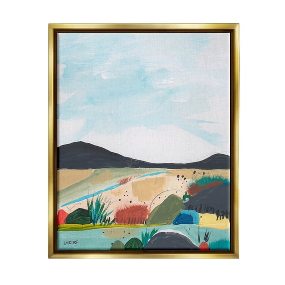 Stupell Industries Riverside Mountain Landscape Scene Painting Metallic Gold Floating Framed Canvas Print Wall Art, Design by Jan Weiss