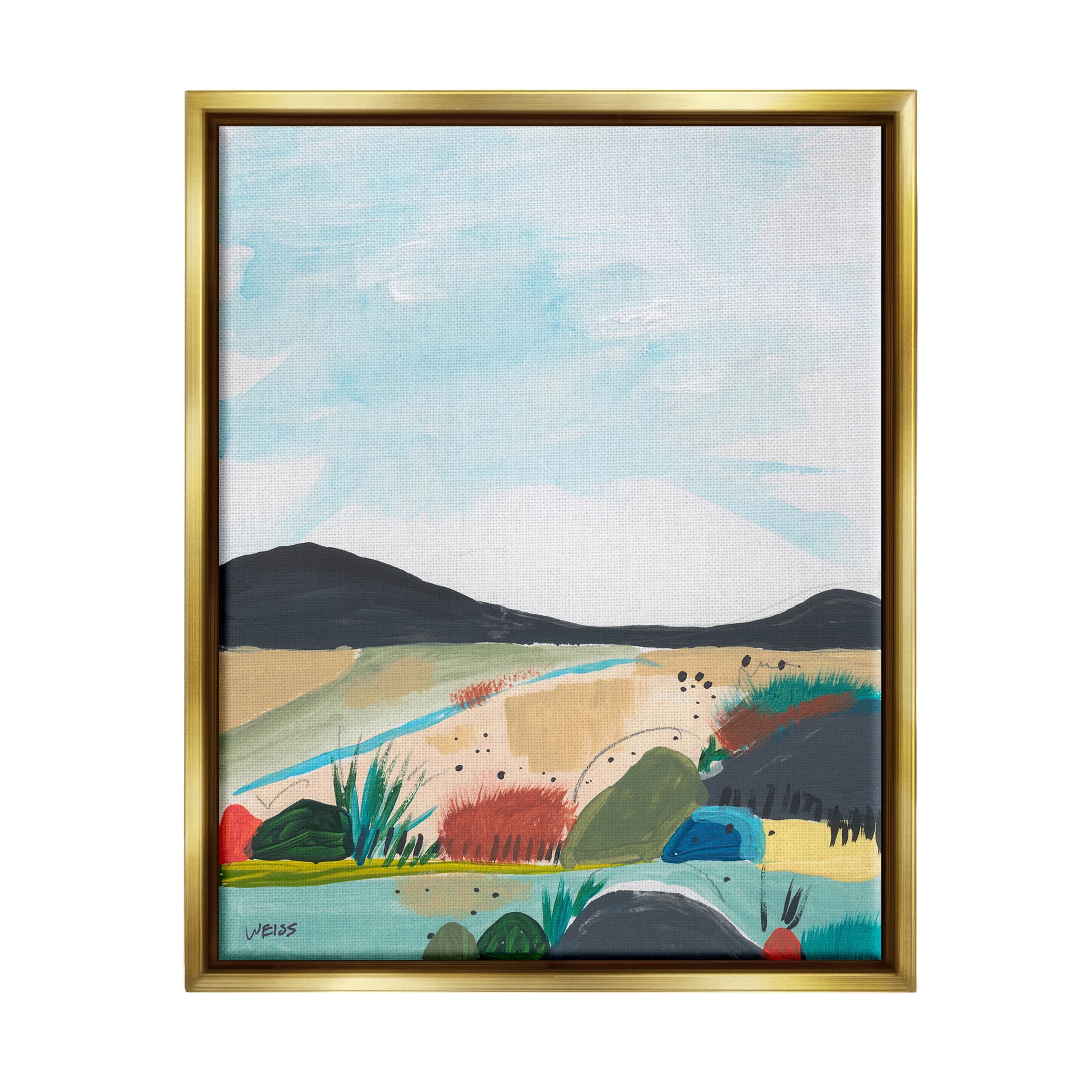 Stupell Industries Riverside Mountain Landscape Scene Painting Metallic Gold Floating Framed Canvas Print Wall Art, Design by Jan Weiss