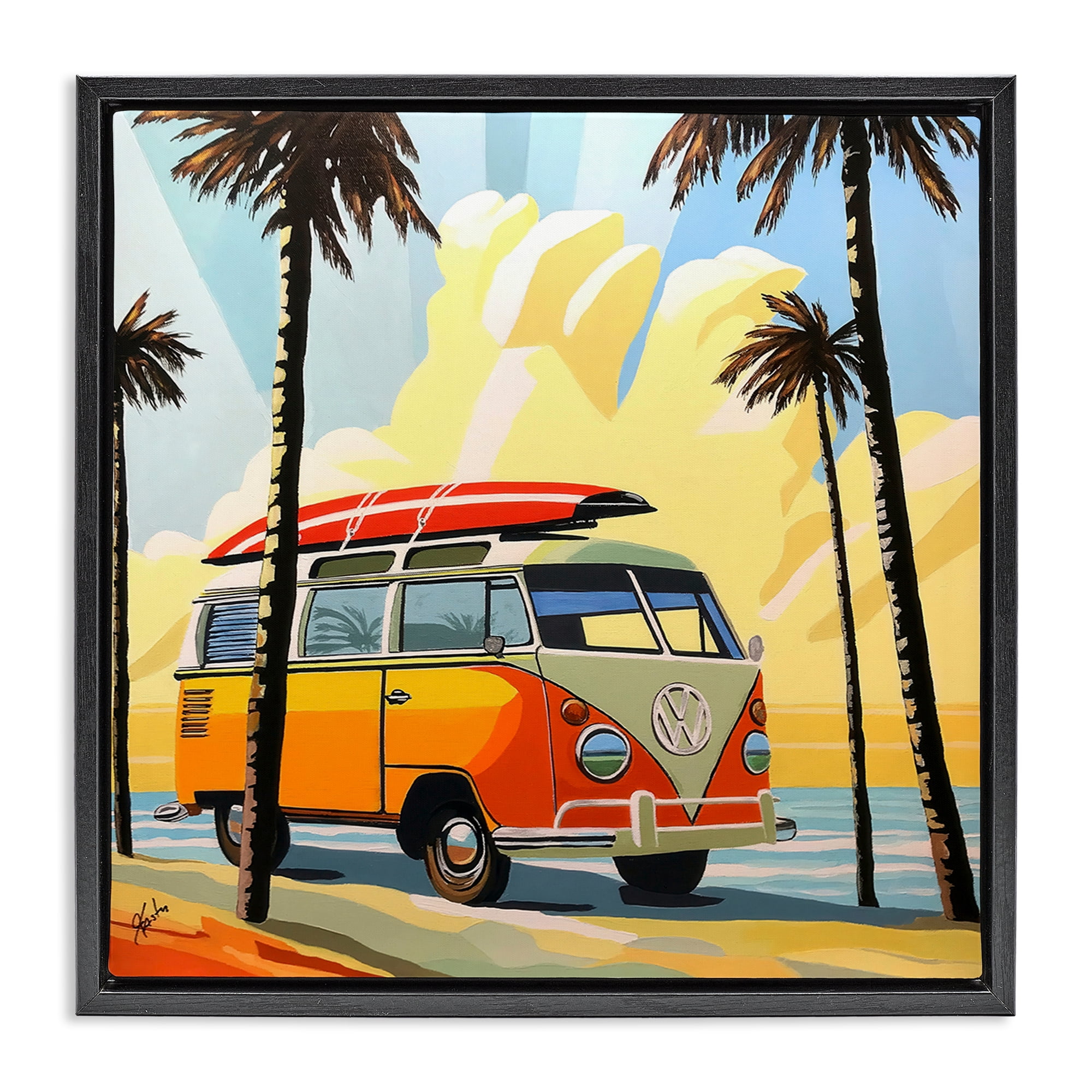 Stupell Industries Road Trip Beach Van Black Framed Floater Canvas Wall Art, design by John Jaster