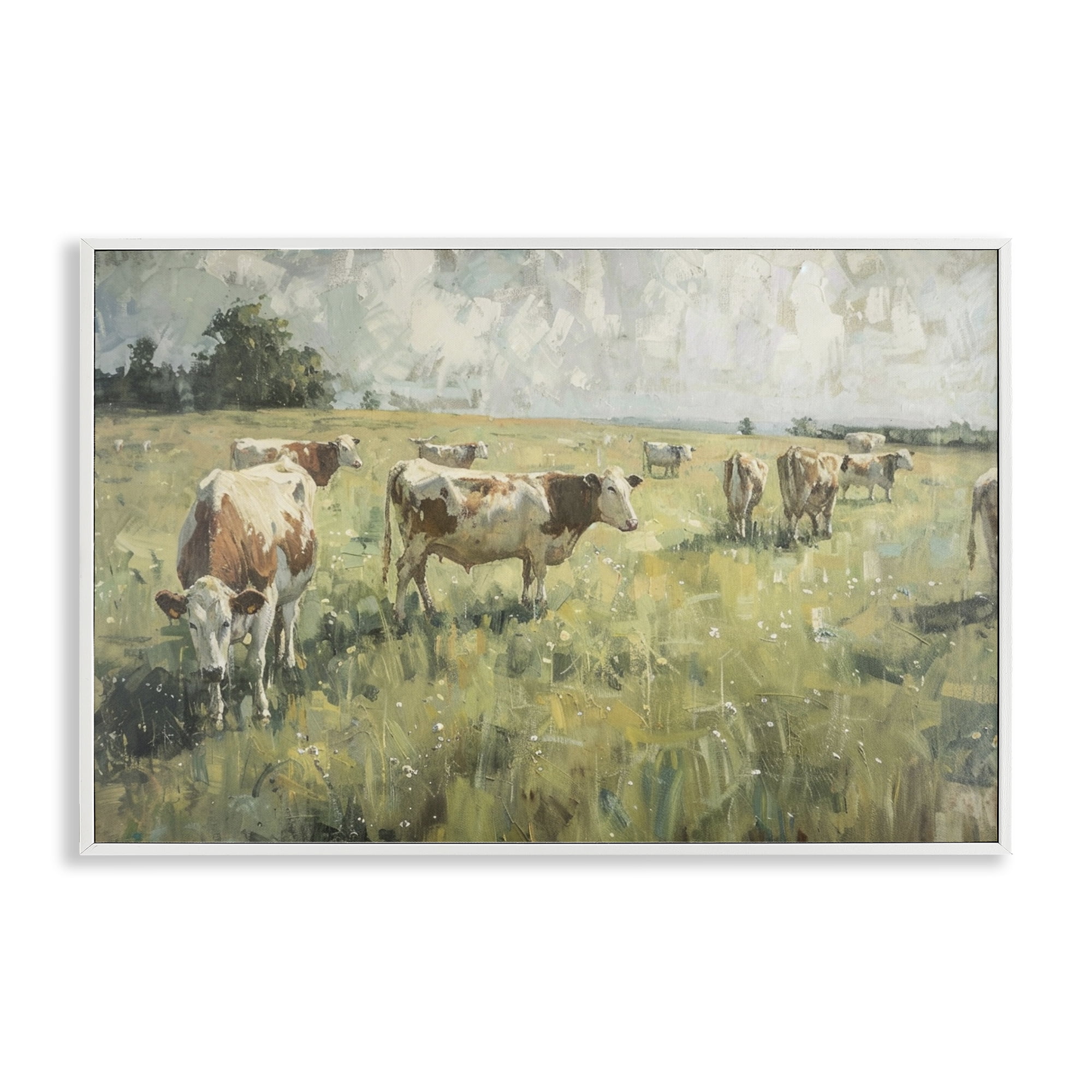 Stupell Industries Roaming Cows in Grasslands Landscape & Nature Painting White Framed Art Print Wall Art, 24 x 16