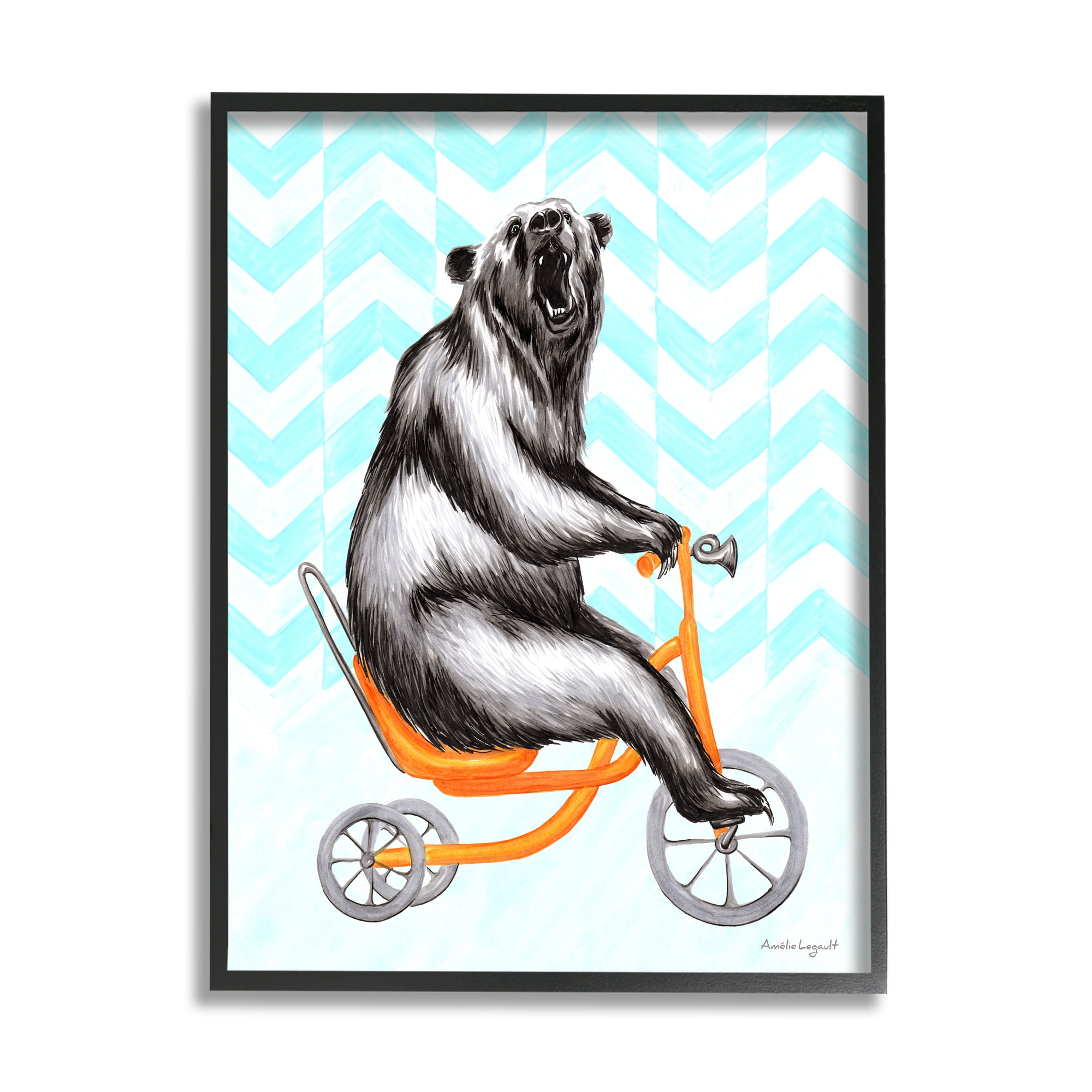 Stupell Industries Roaring Bear Riding Tricycle Whimsical Chevron Pattern Graphic Art Black Framed Art Print Wall Art, Design by Amelie Legault