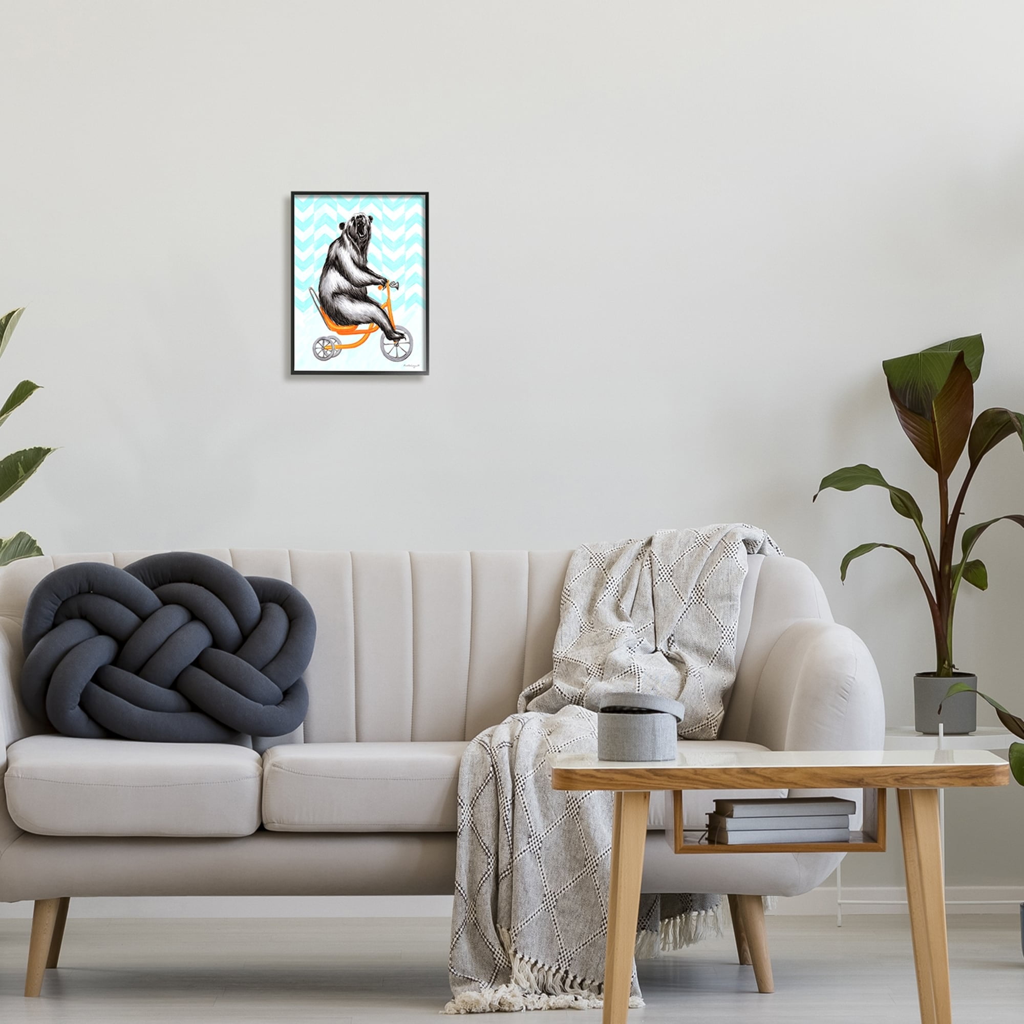 Stupell Industries Roaring Bear Riding Tricycle Whimsical Chevron Pattern Graphic Art Black Framed Art Print Wall Art, Design by Amelie Legault