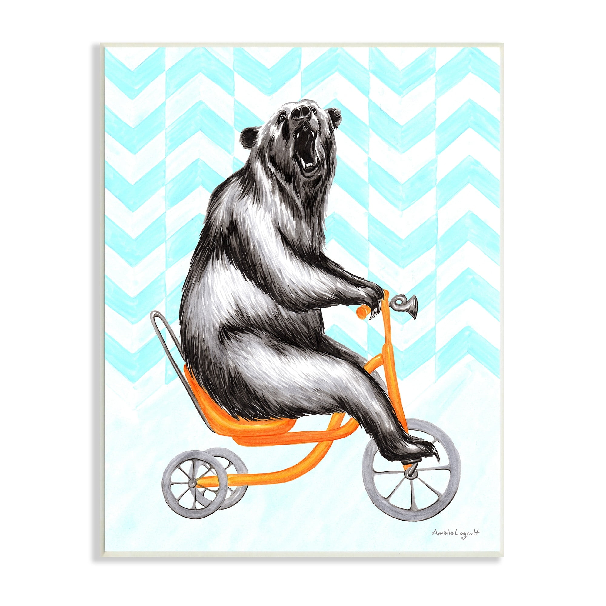 Stupell Industries Roaring Bear Riding Tricycle Whimsical Chevron Pattern Graphic Art Unframed Art Print Wall Art, Design by Amelie Legault