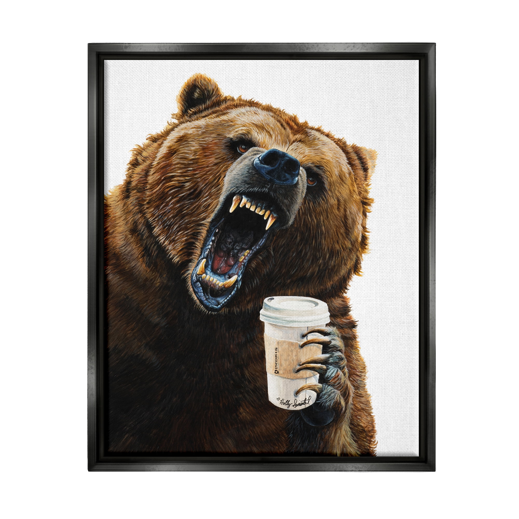 Stupell Industries Roaring Bear with Coffee Animals & Insects Painting Black Floater Framed Art Print Wall Art, 25 x 31