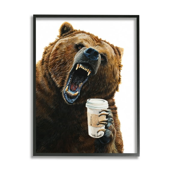 Stupell Industries Roaring Bear with Coffee Animals & Insects Painting Black Framed Art Print Wall Art, 11 x 14