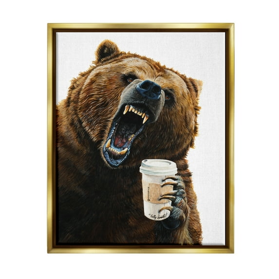Stupell Industries Roaring Bear with Coffee Animals & Insects Painting Gold Floater Framed Art Print Wall Art, 25 x 31