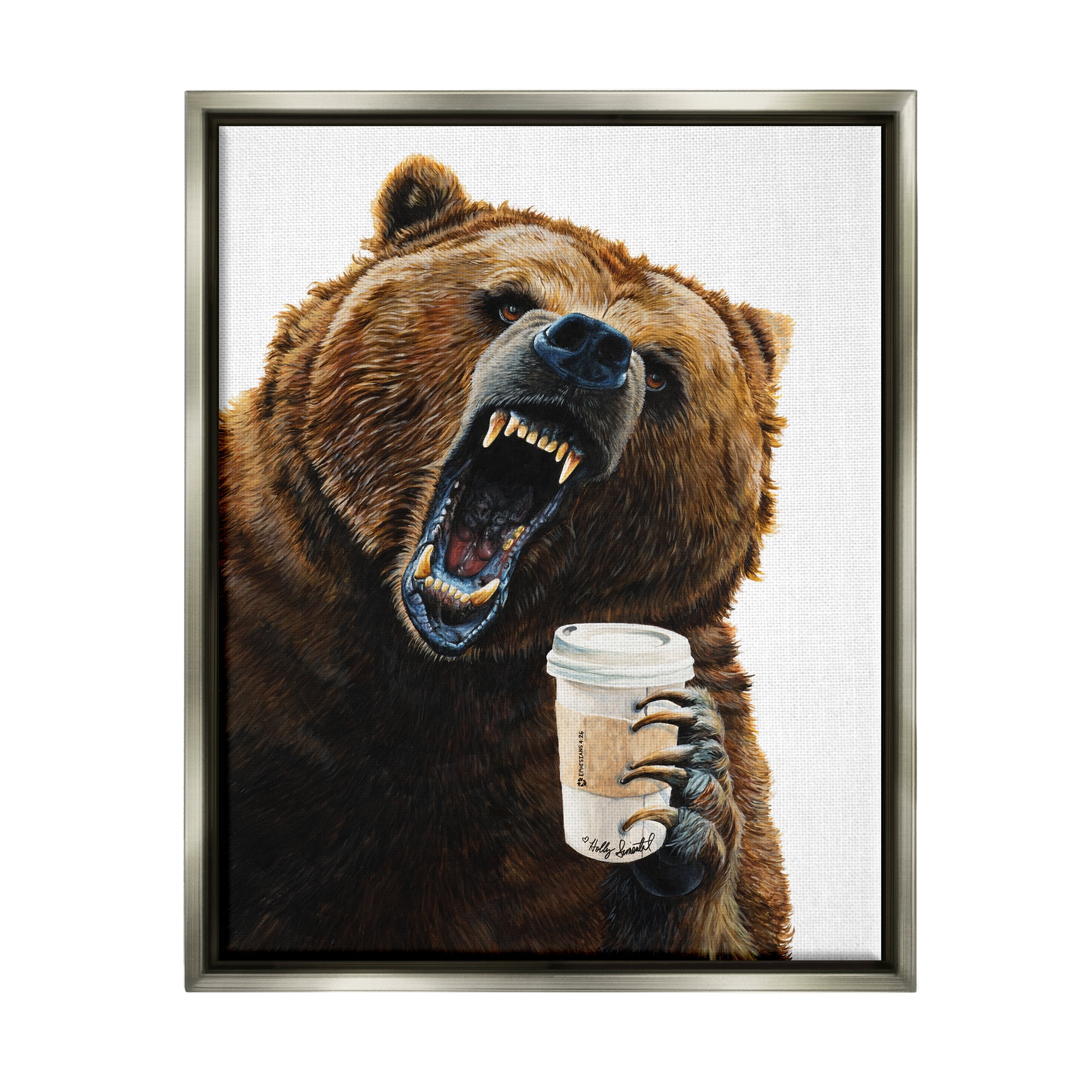 Stupell Industries Roaring Bear with Coffee Animals & Insects Painting Gray Floater Framed Art Print Wall Art, 25 x 31