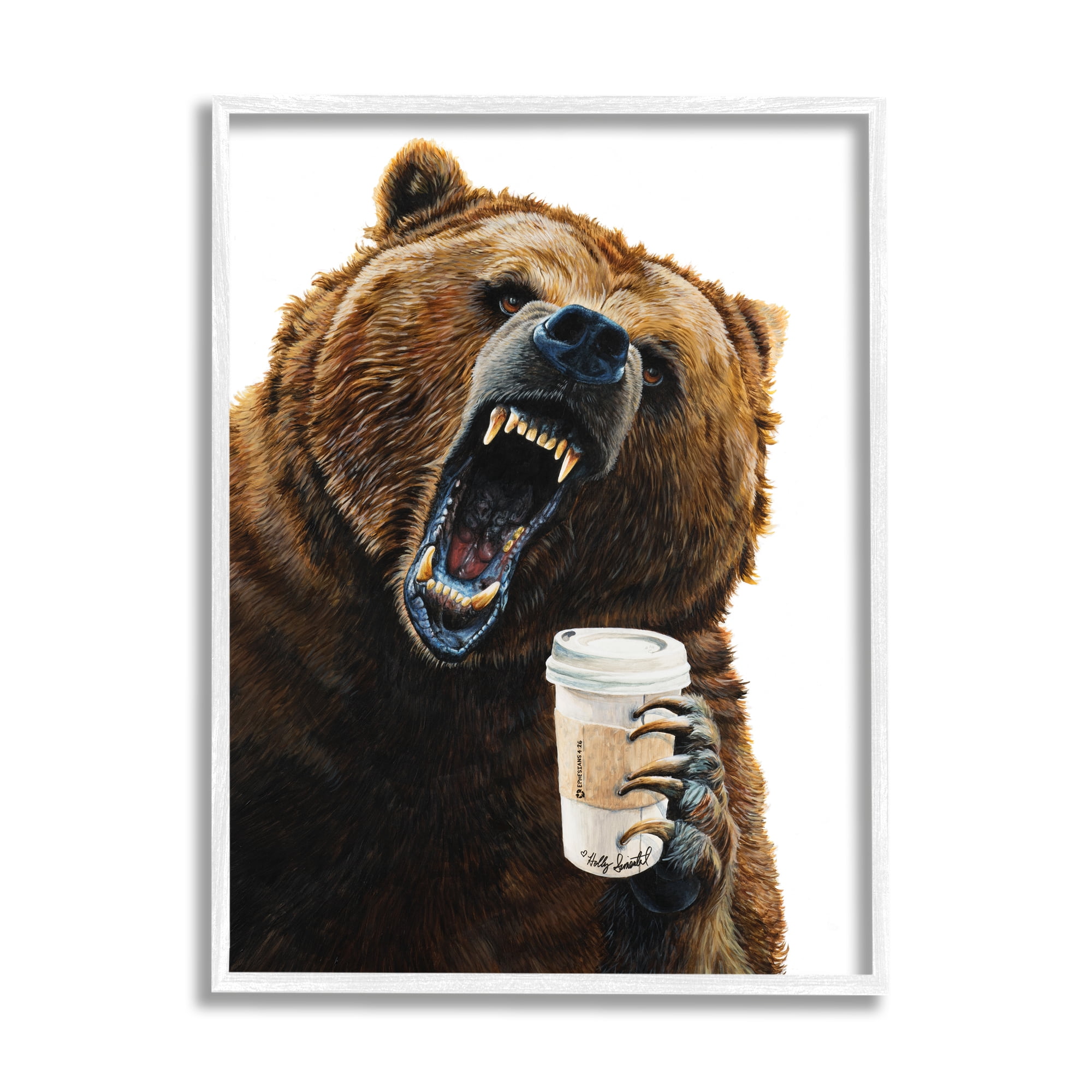 Stupell Industries Roaring Bear with Coffee Animals & Insects Painting White Framed Art Print Wall Art, 11 x 14