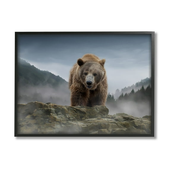 Stupell Industries Roaring Brown Grizzly Bear Rocky Mountain Top View Graphic Art Black Framed Art Print Wall Art, Design by Kelley Parker