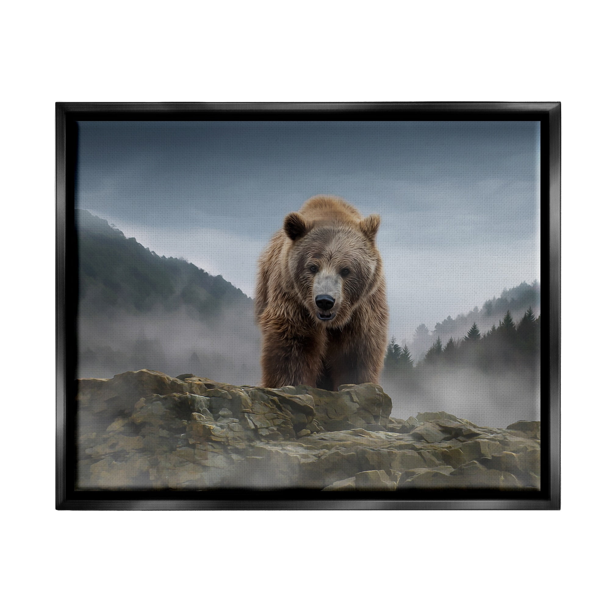 Stupell Industries Roaring Brown Grizzly Bear Rocky Mountain Top View Graphic Art Jet Black Floating Framed Canvas Print Wall Art, Design by Kelley Parker