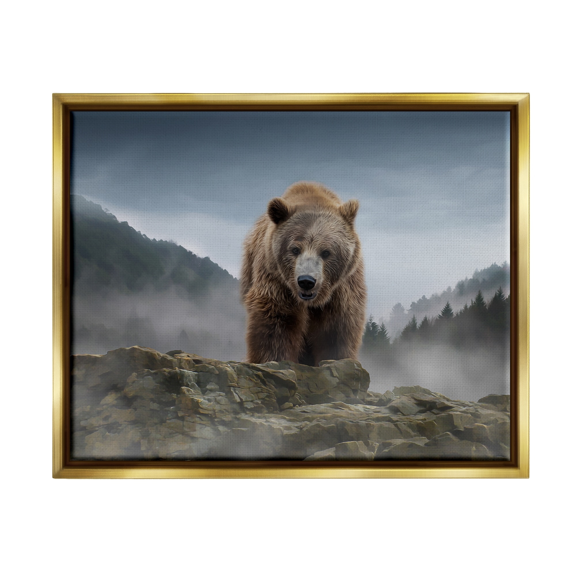 Stupell Industries Roaring Brown Grizzly Bear Rocky Mountain Top View Graphic Art Metallic Gold Floating Framed Canvas Print Wall Art, Design by Kelley Parker