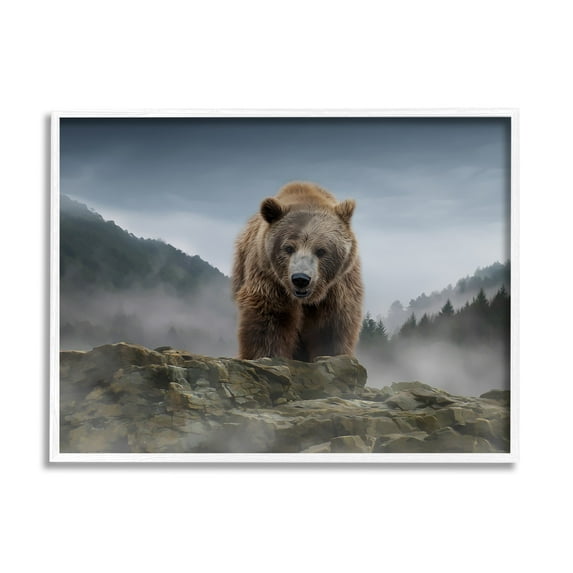 Stupell Industries Roaring Brown Grizzly Bear Rocky Mountain Top View Graphic Art White Framed Art Print Wall Art, Design by Kelley Parker