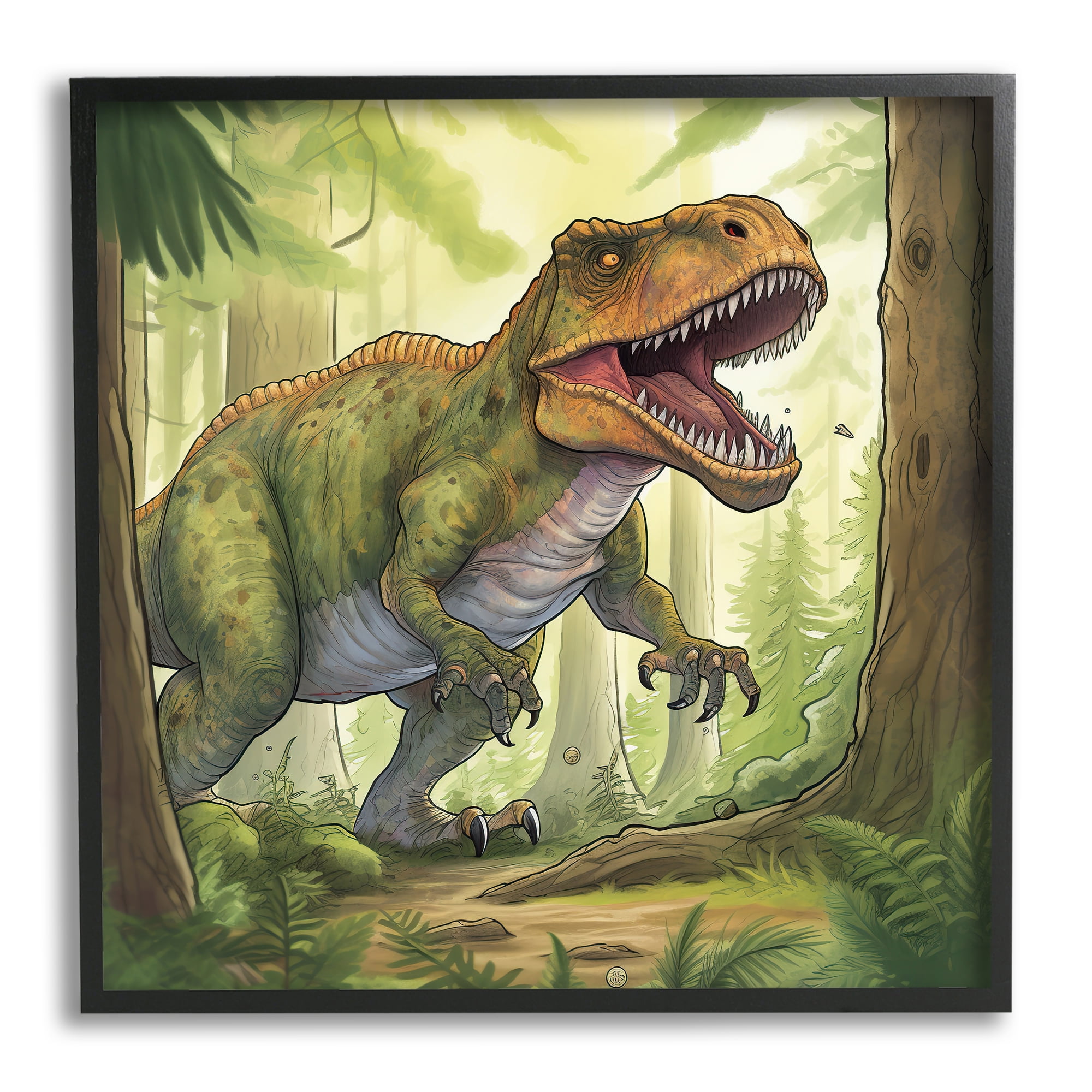 Stupell Industries Roaring Dinosaur Scenery Animals & Insects Painting Black Framed Art Print Wall Art, 24 x 24