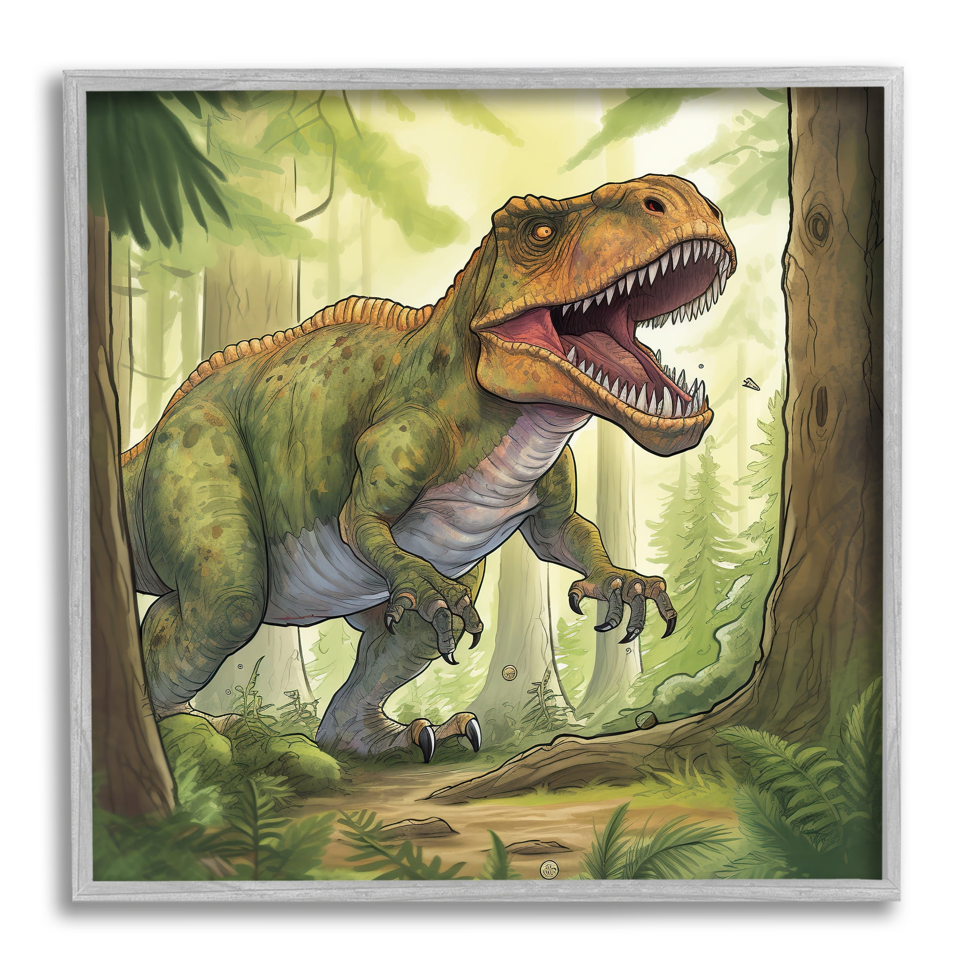 Stupell Industries Roaring Dinosaur Scenery Animals & Insects Painting Gray Framed Art Print Wall Art, 17 x 17