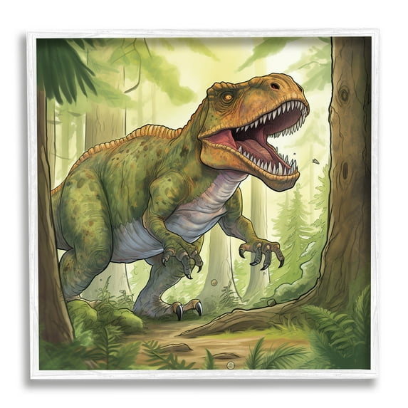 Stupell Industries Roaring Dinosaur Scenery Animals & Insects Painting White Framed Art Print Wall Art, 17 x 17