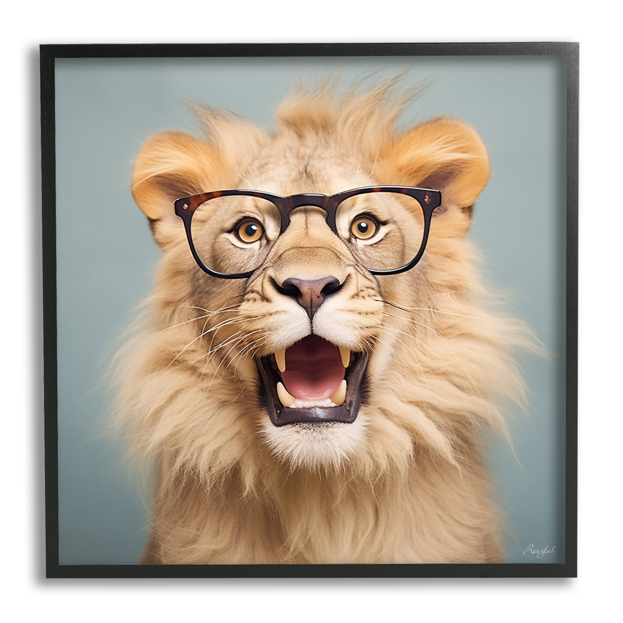 Stupell Industries Roaring Lion in Glasses Animals & Insects Painting Black Framed Art Print Wall Art, 12 x 12