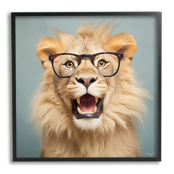 Stupell Industries Roaring Lion in Glasses Animals & Insects Painting Black Framed Art Print Wall Art, 17 x 17
