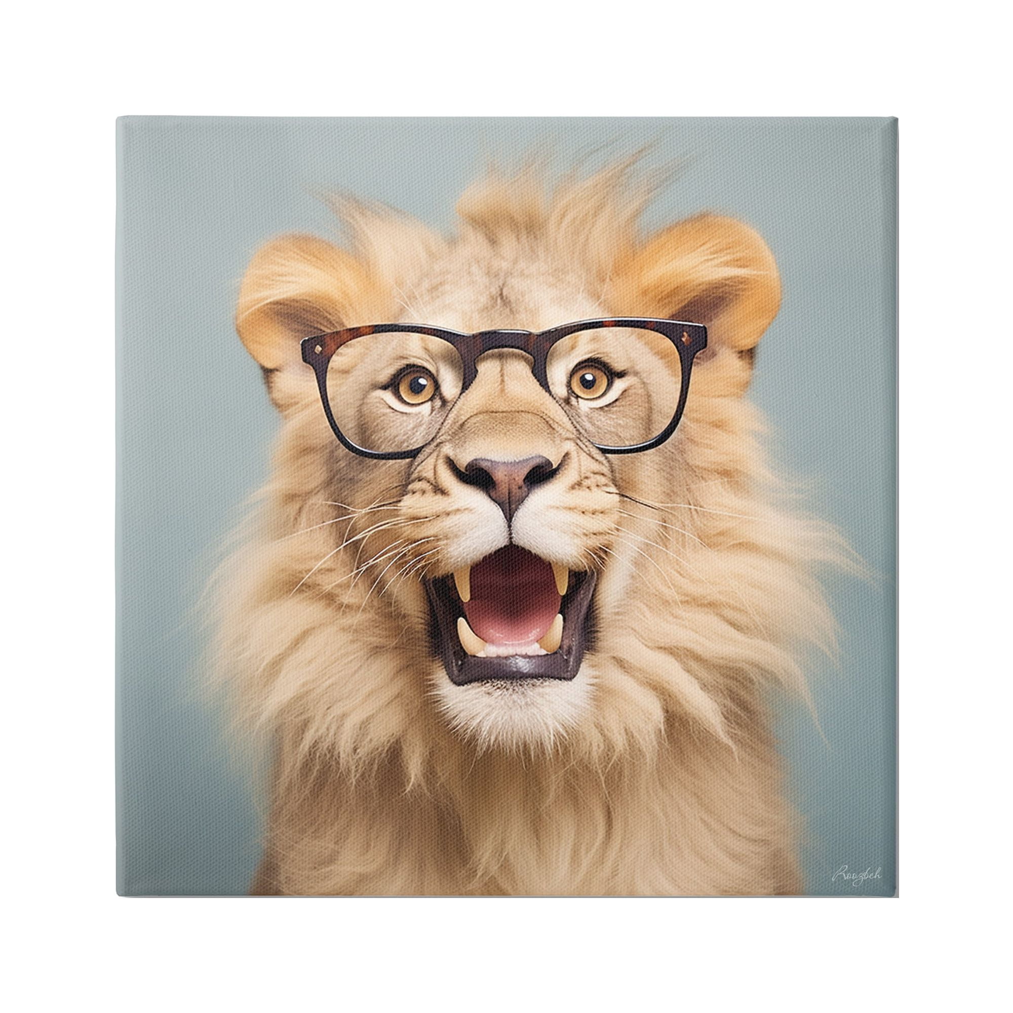 Stupell Industries Roaring Lion in Glasses Animals & Insects Painting Gallery Wrapped Canvas Art Print Wall Art, 30 x 30