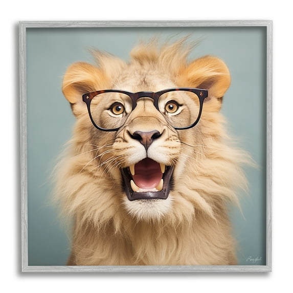Stupell Industries Roaring Lion in Glasses Animals & Insects Painting Gray Framed Art Print Wall Art, 24 x 24