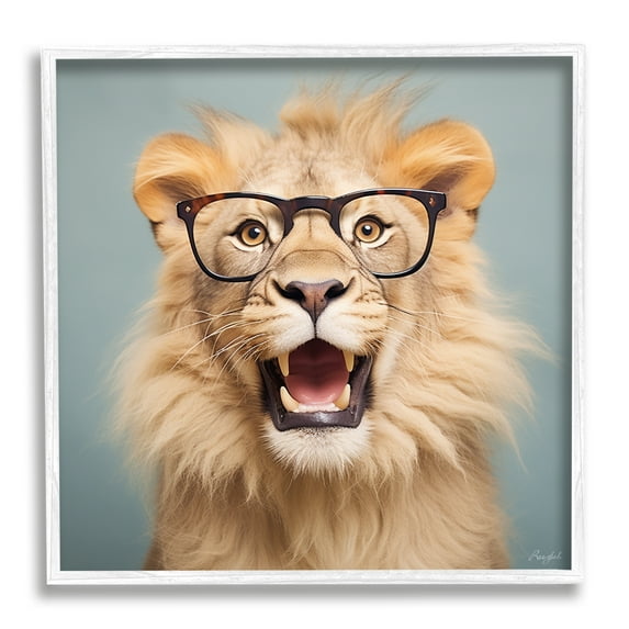 Stupell Industries Roaring Lion in Glasses Animals & Insects Painting White Framed Art Print Wall Art, 12 x 12