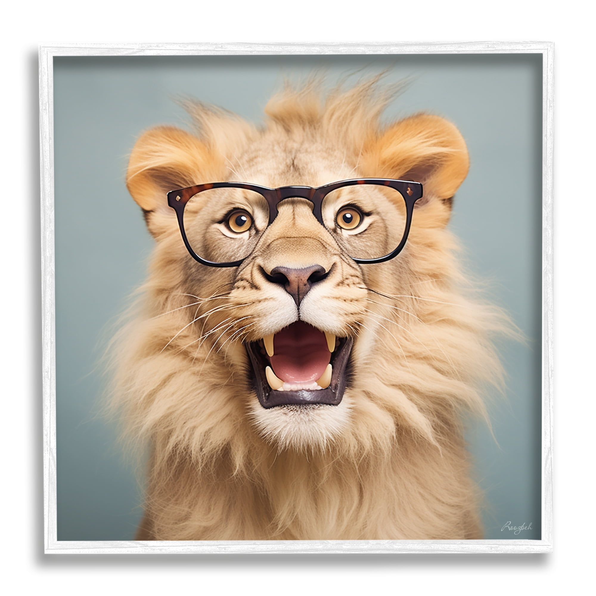 Stupell Industries Roaring Lion in Glasses Animals & Insects Painting White Framed Art Print Wall Art, 24 x 24
