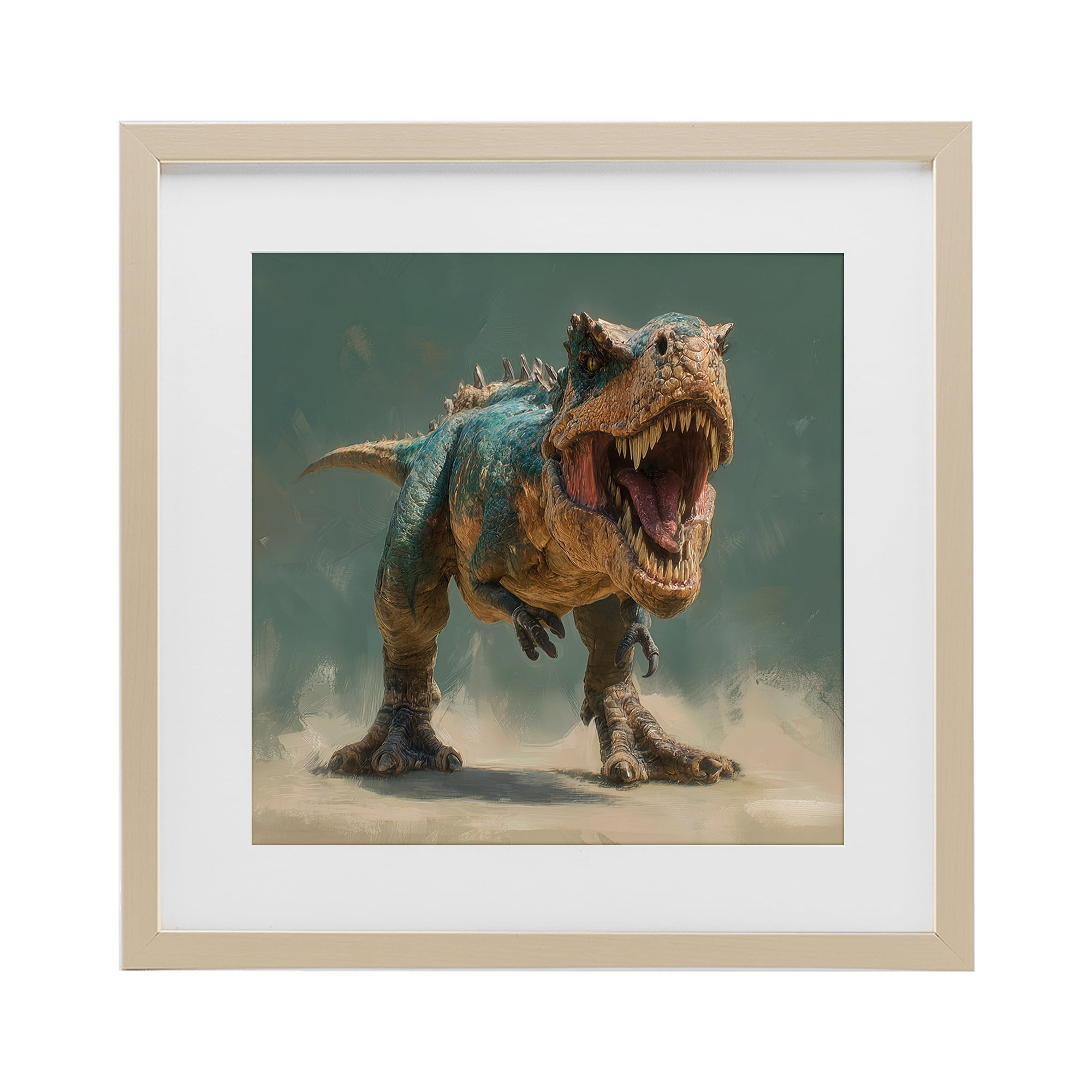 Stupell Industries Roaring T-Rex in Green Birch Framed Print Under Glass, design by Wumples