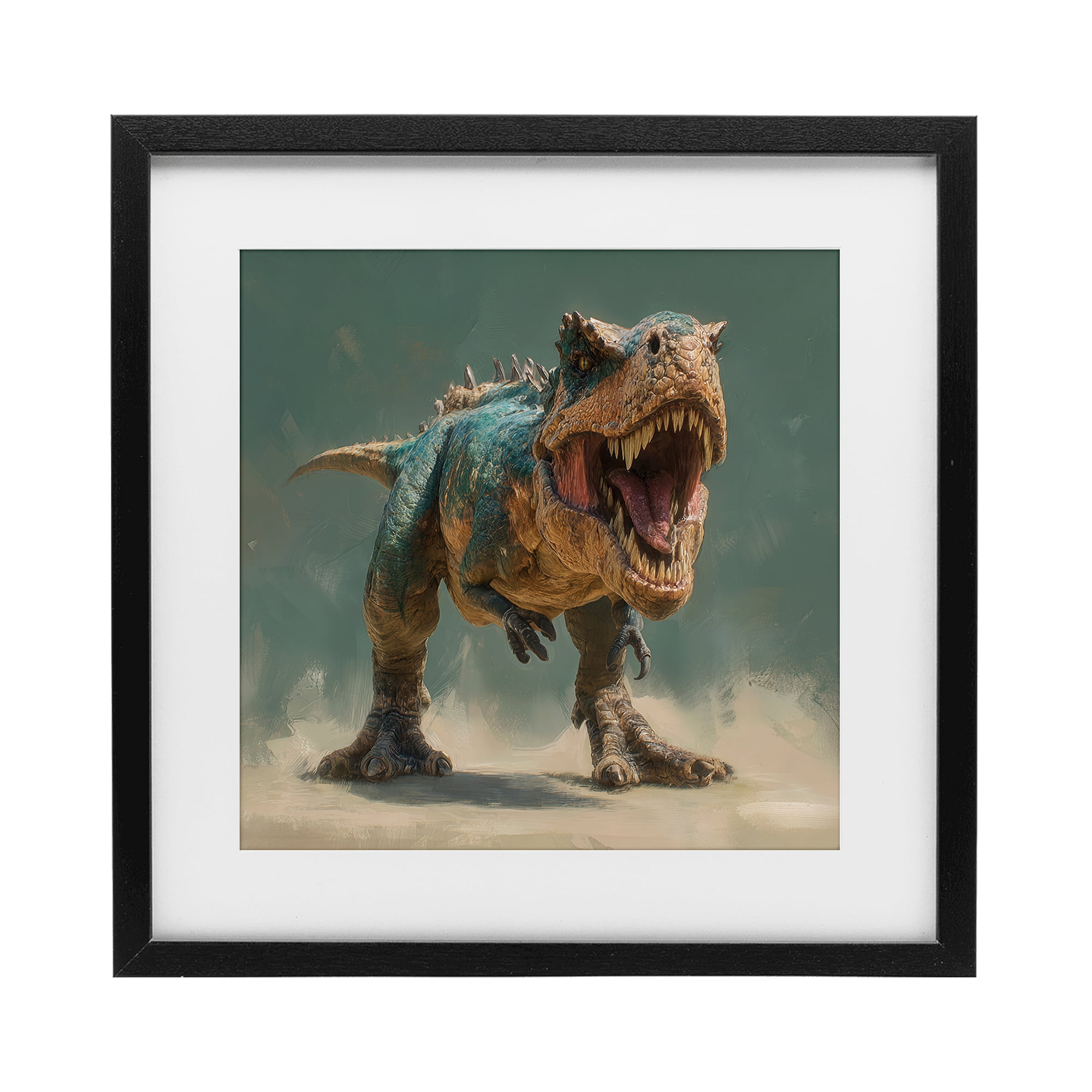 Stupell Industries Roaring T-Rex in Green Black Framed Print Under Glass, design by Wumples