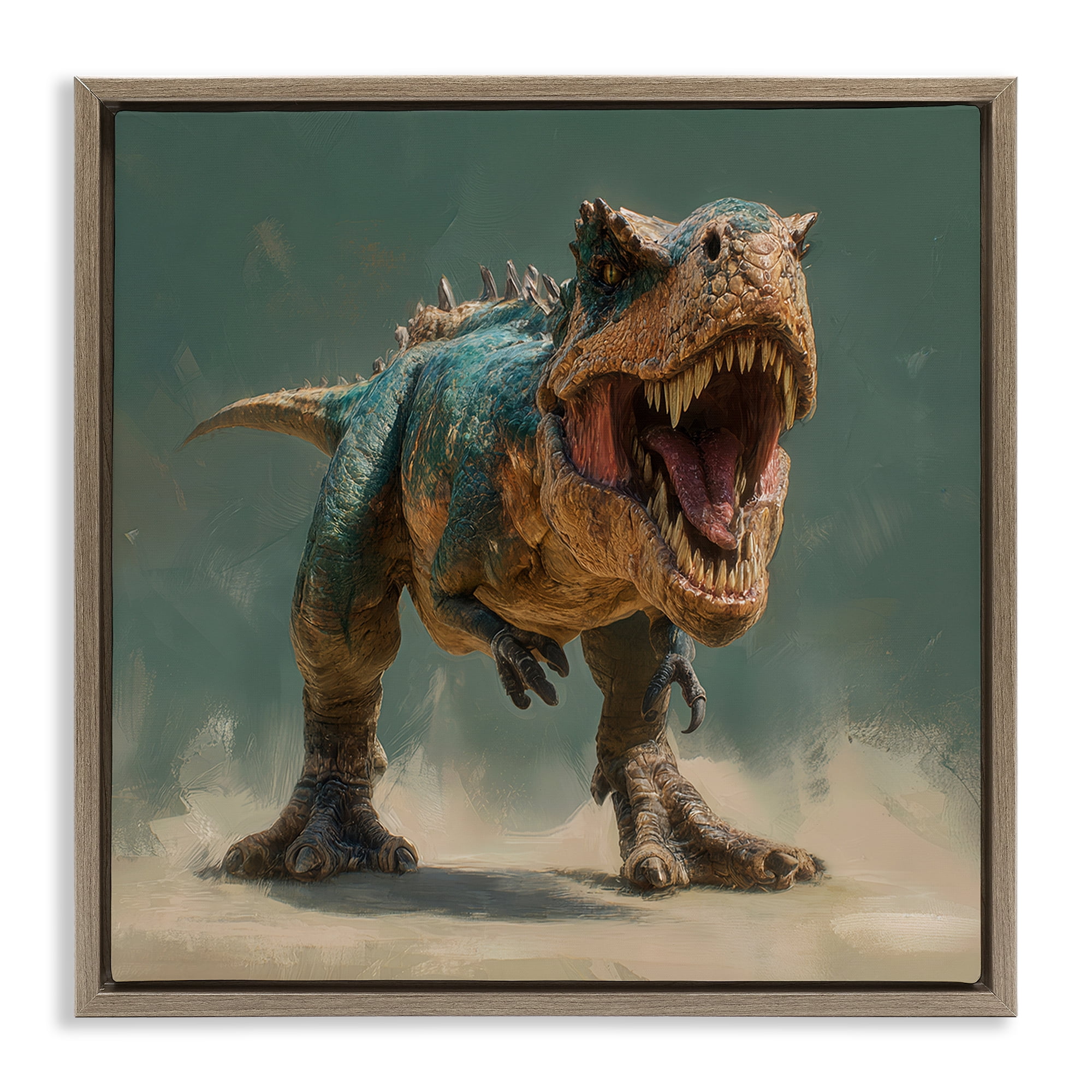 Stupell Industries Roaring T-Rex in Green Brown Framed Floater Canvas Wall Art, design by Wumples