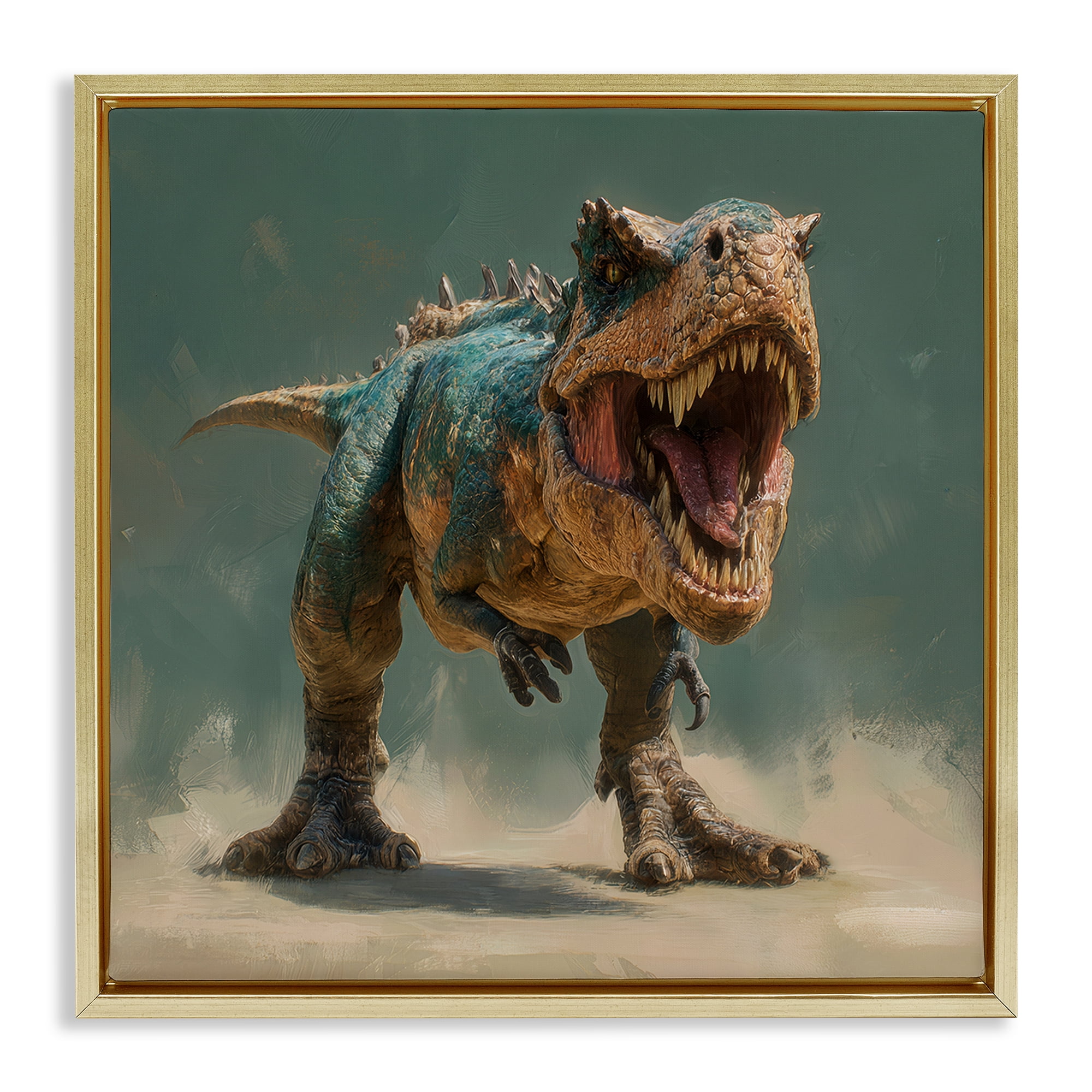 Stupell Industries Roaring T-Rex in Green Gold Framed Floater Canvas Wall Art, design by Wumples