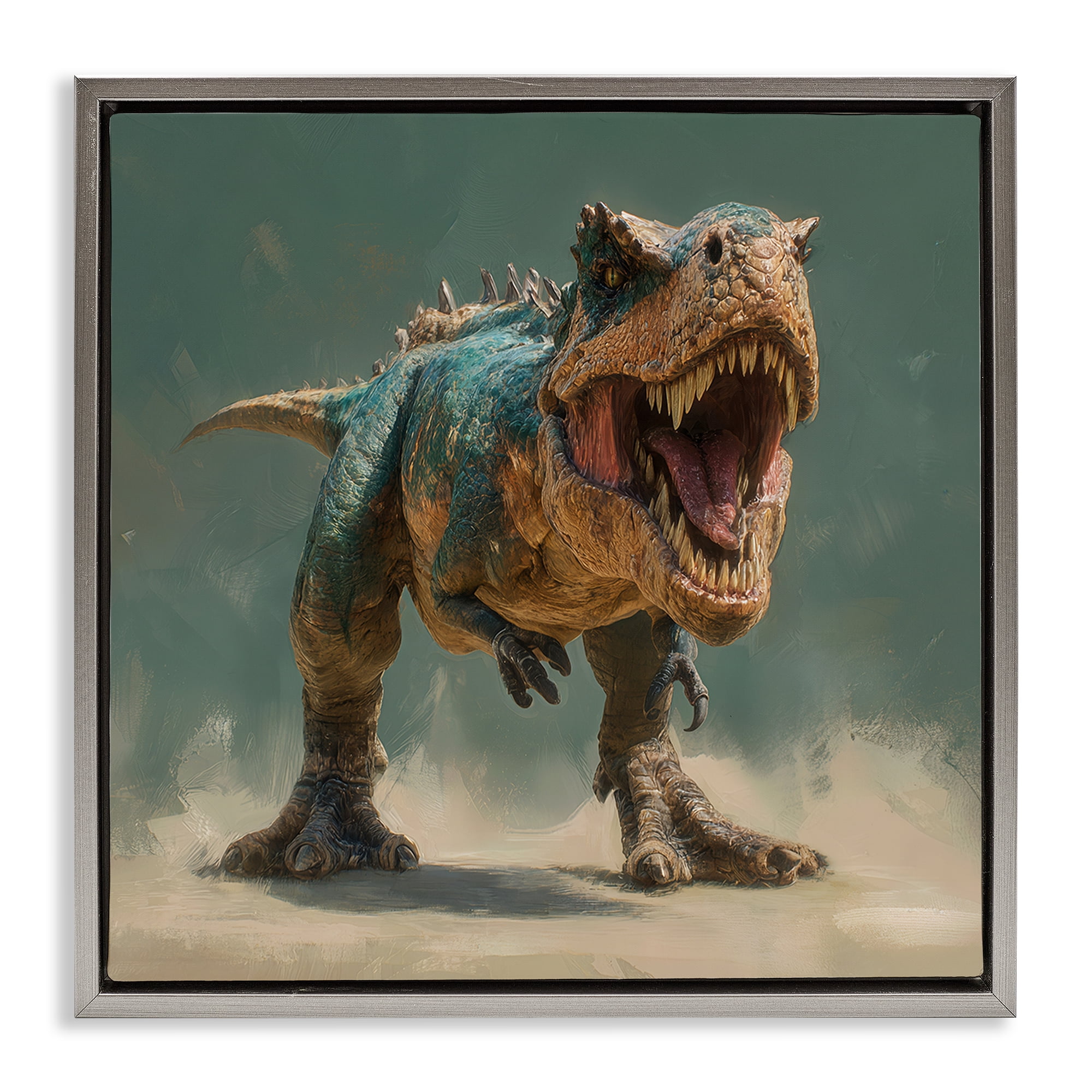 Stupell Industries Roaring T-Rex in Green Gray Framed Floater Canvas Wall Art, design by Wumples