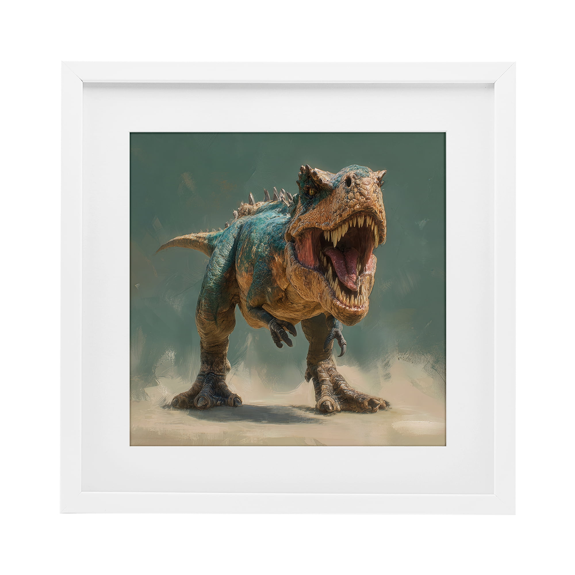 Stupell Industries Roaring T-Rex in Green White Framed Print Under Glass, design by Wumples