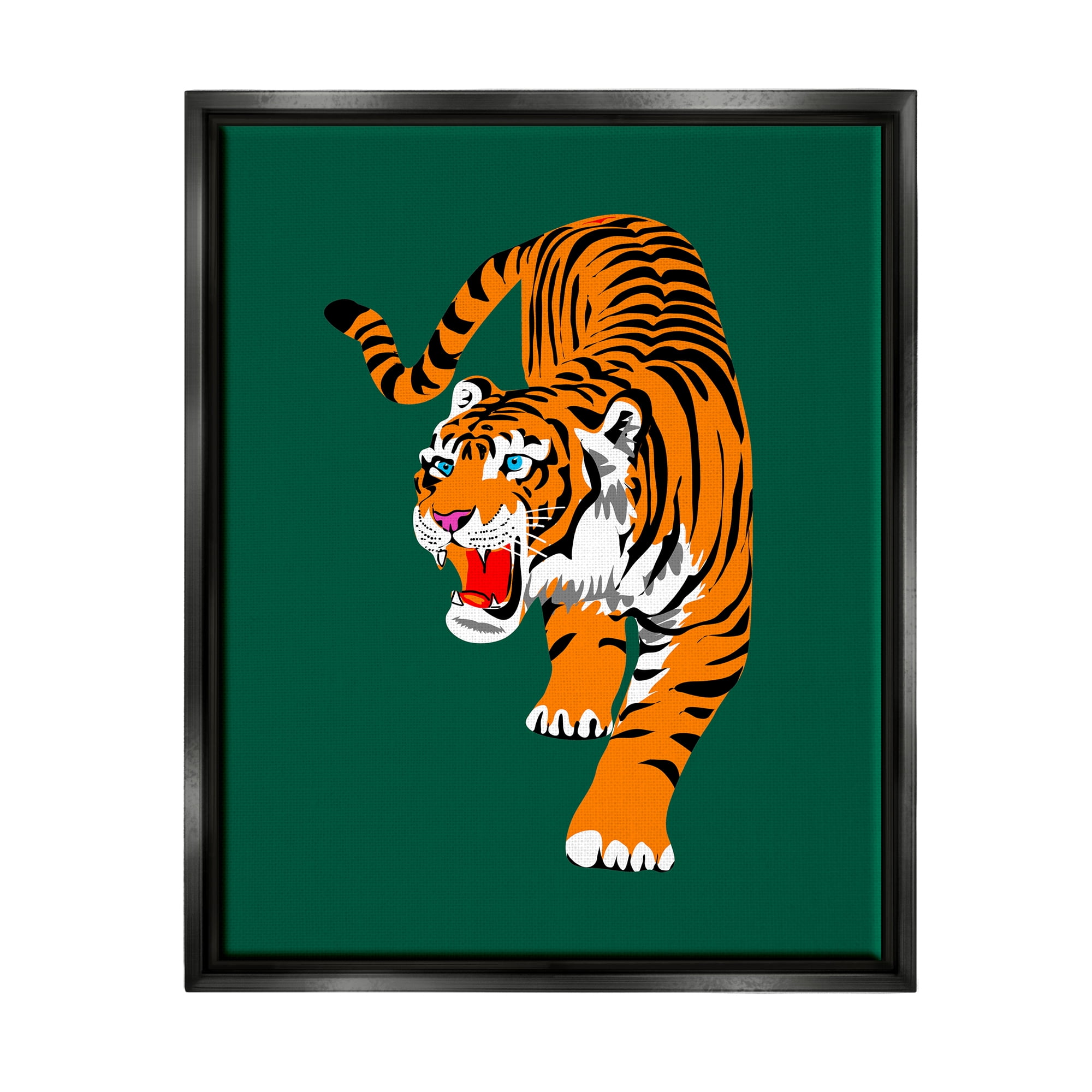 Stupell Industries Roaring Tiger on Green Animals & Insects Painting Black Floater Framed Canvas Art Print Wall Art, 25 x 31
