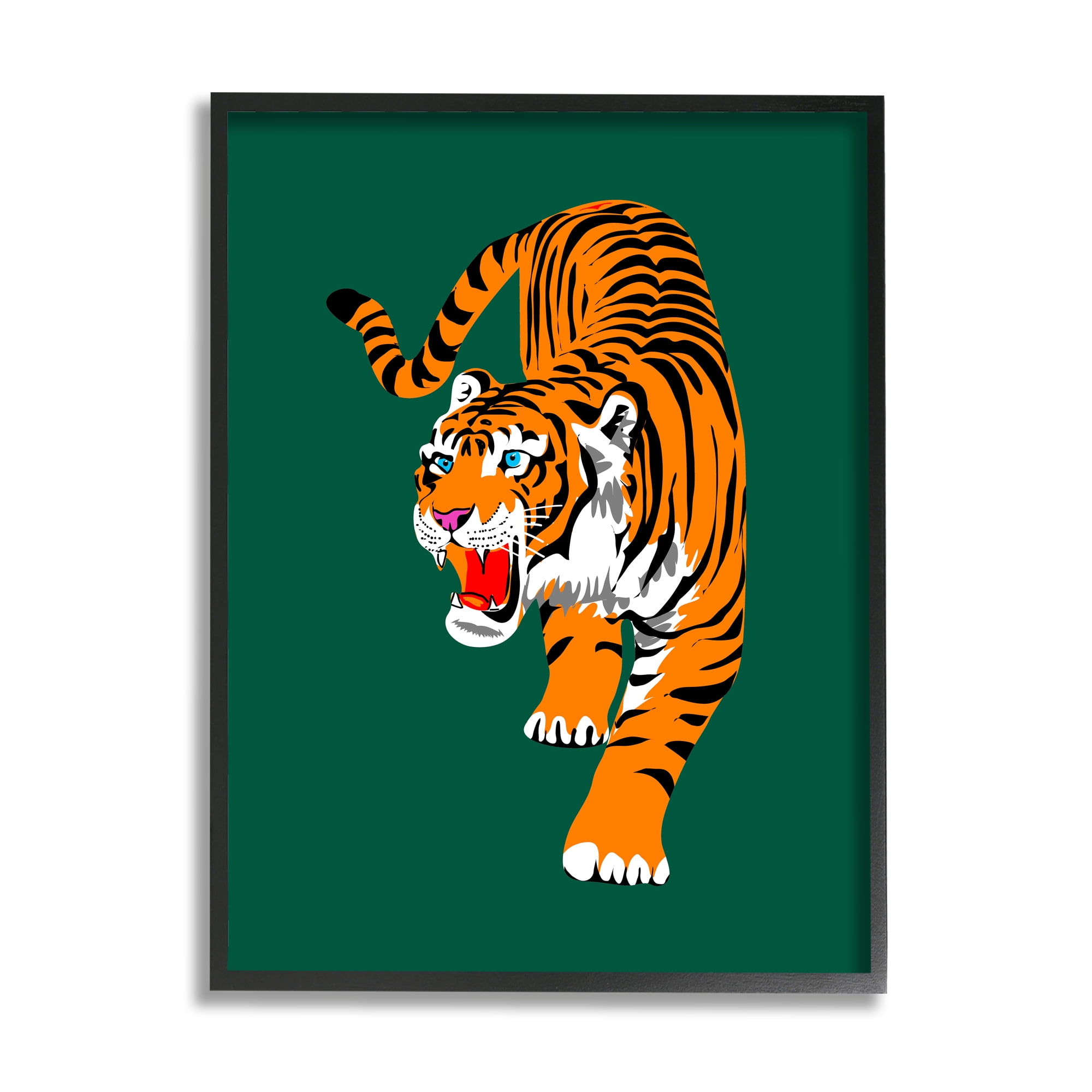 Stupell Industries Roaring Tiger on Green Animals & Insects Painting Black Framed Art Print Wall Art, 11 x 14