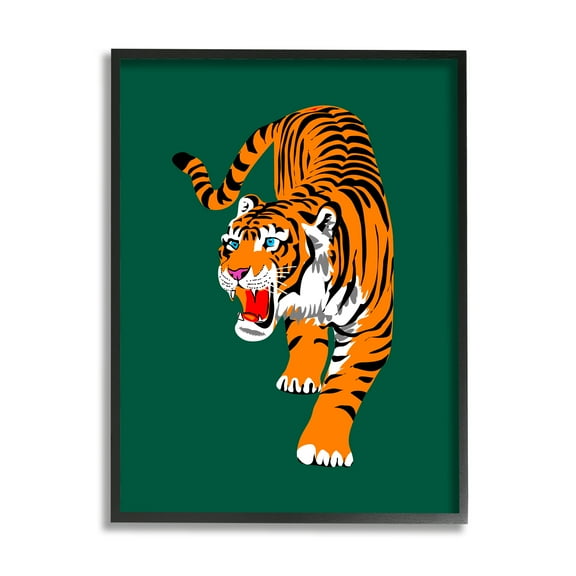 Stupell Industries Roaring Tiger on Green Animals & Insects Painting Black Framed Art Print Wall Art, 11 x 14