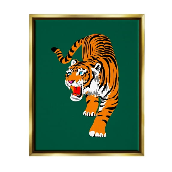 Stupell Industries Roaring Tiger on Green Animals & Insects Painting Gold Floater Framed Canvas Art Print Wall Art, 17 x 21