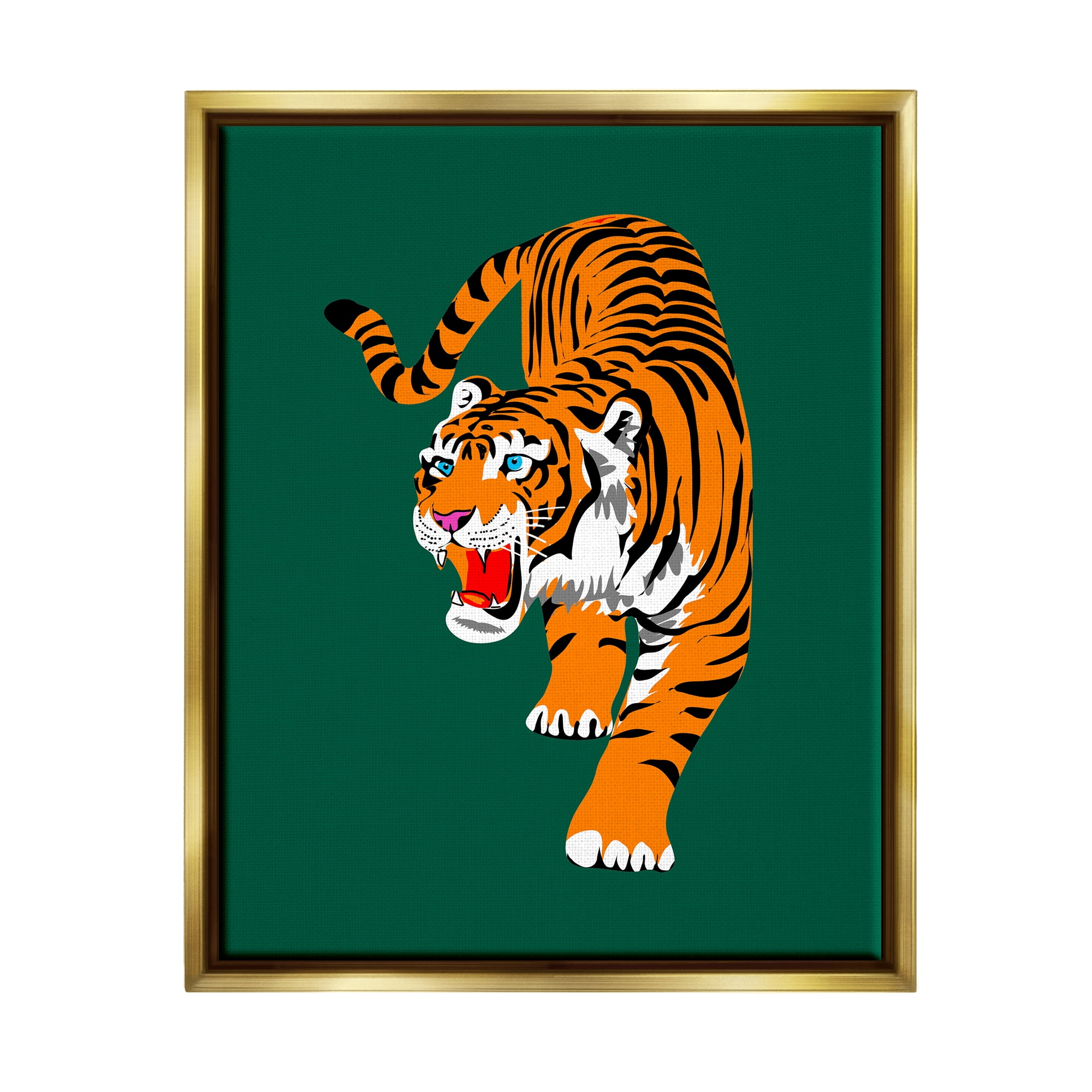 Stupell Industries Roaring Tiger on Green Animals & Insects Painting Gold Floater Framed Canvas Art Print Wall Art, 25 x 31