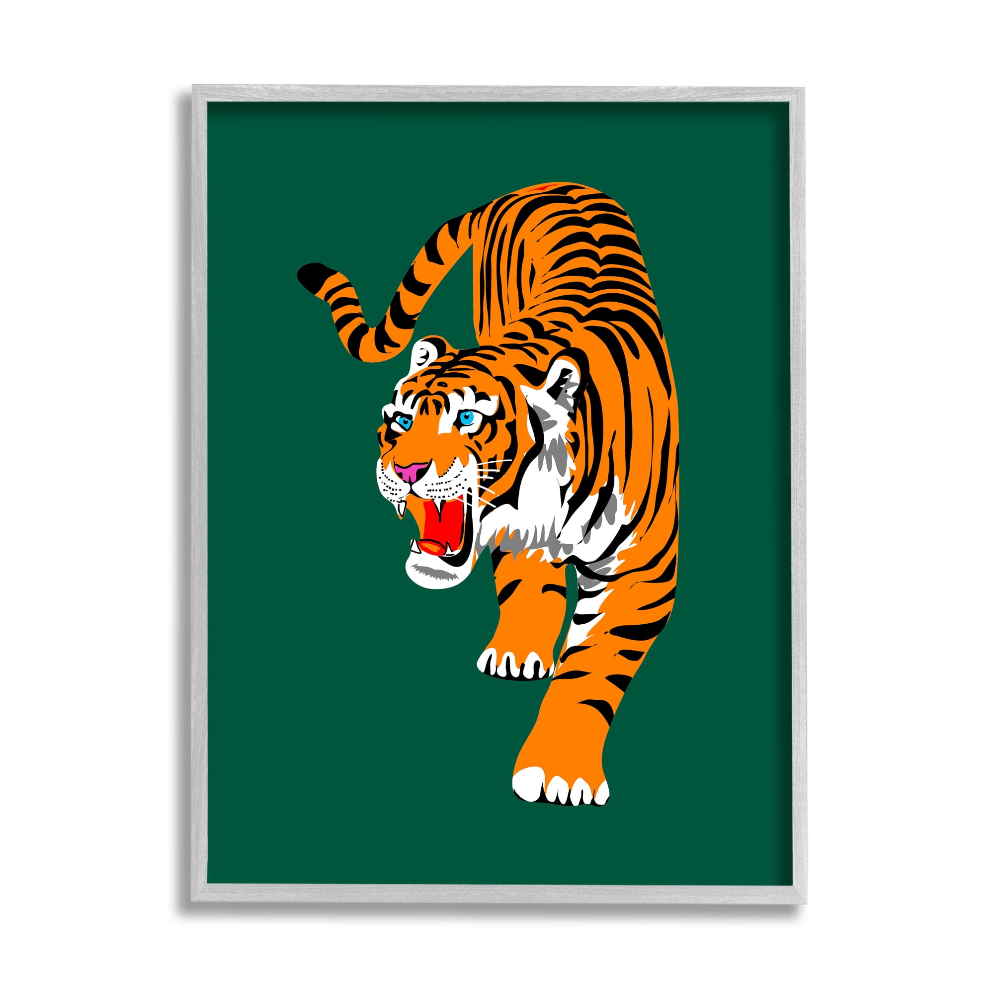 Stupell Industries Roaring Tiger on Green Animals & Insects Painting Gray Framed Art Print Wall Art, 24 x 30