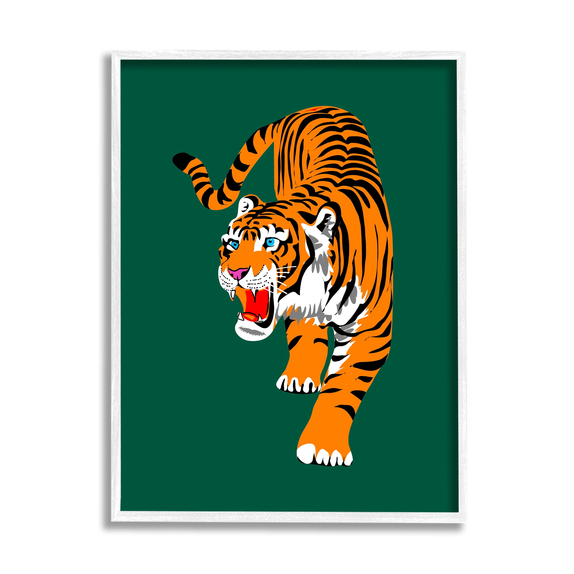 Stupell Industries Roaring Tiger on Green Animals & Insects Painting White Framed Art Print Wall Art, 11 x 14