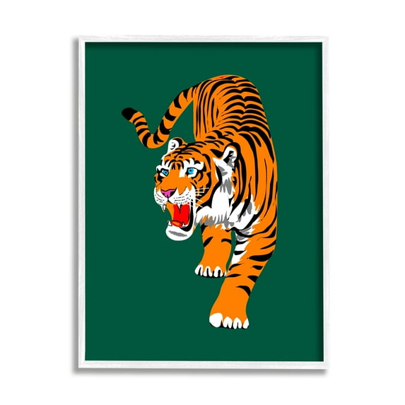 Stupell Industries Roaring Tiger on Green Animals & Insects Painting White Framed Art Print Wall Art, 24 x 30