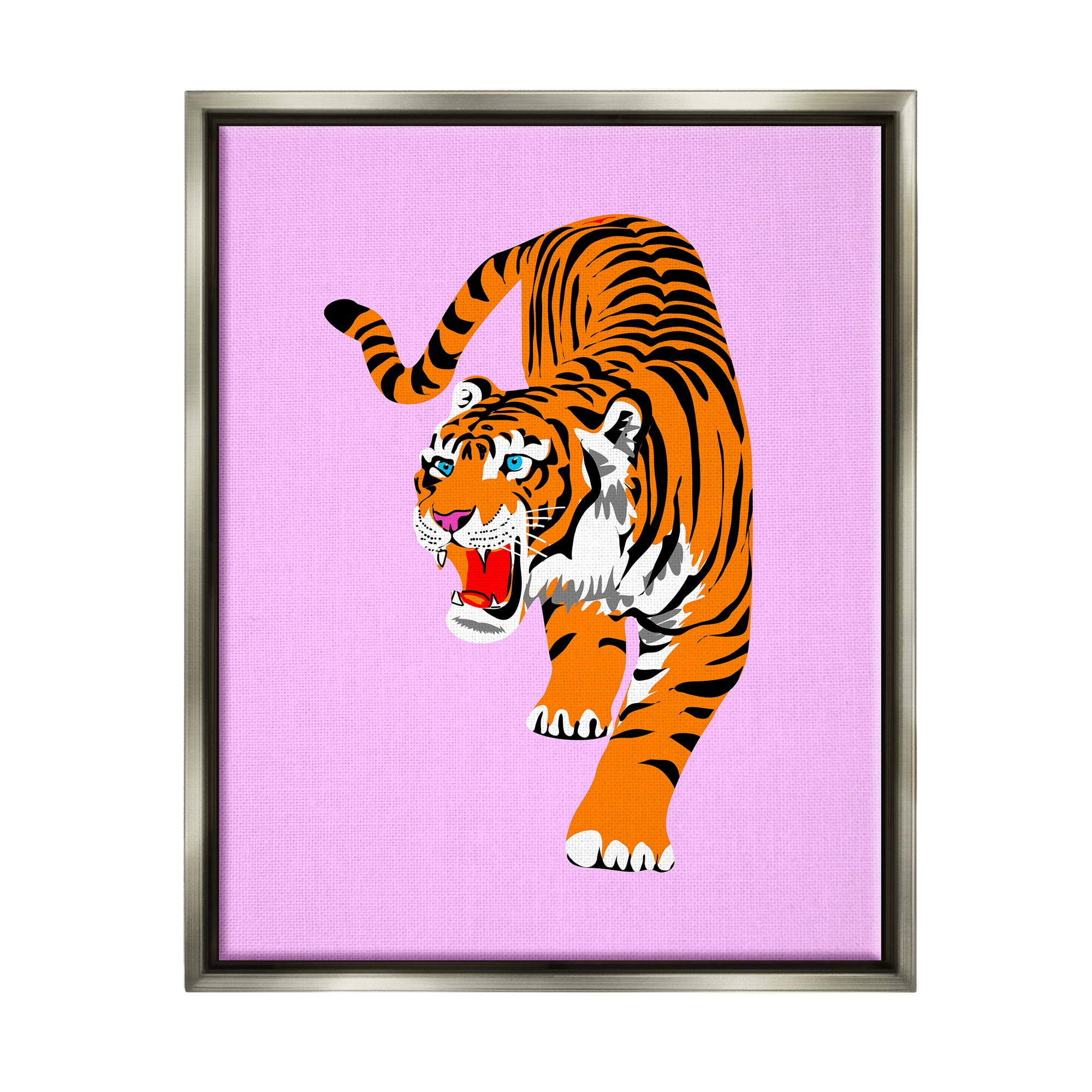 Stupell Industries Roaring Tiger on Pink Animals & Insects Painting Gray Floater Framed Canvas Art Print Wall Art, 25 x 31