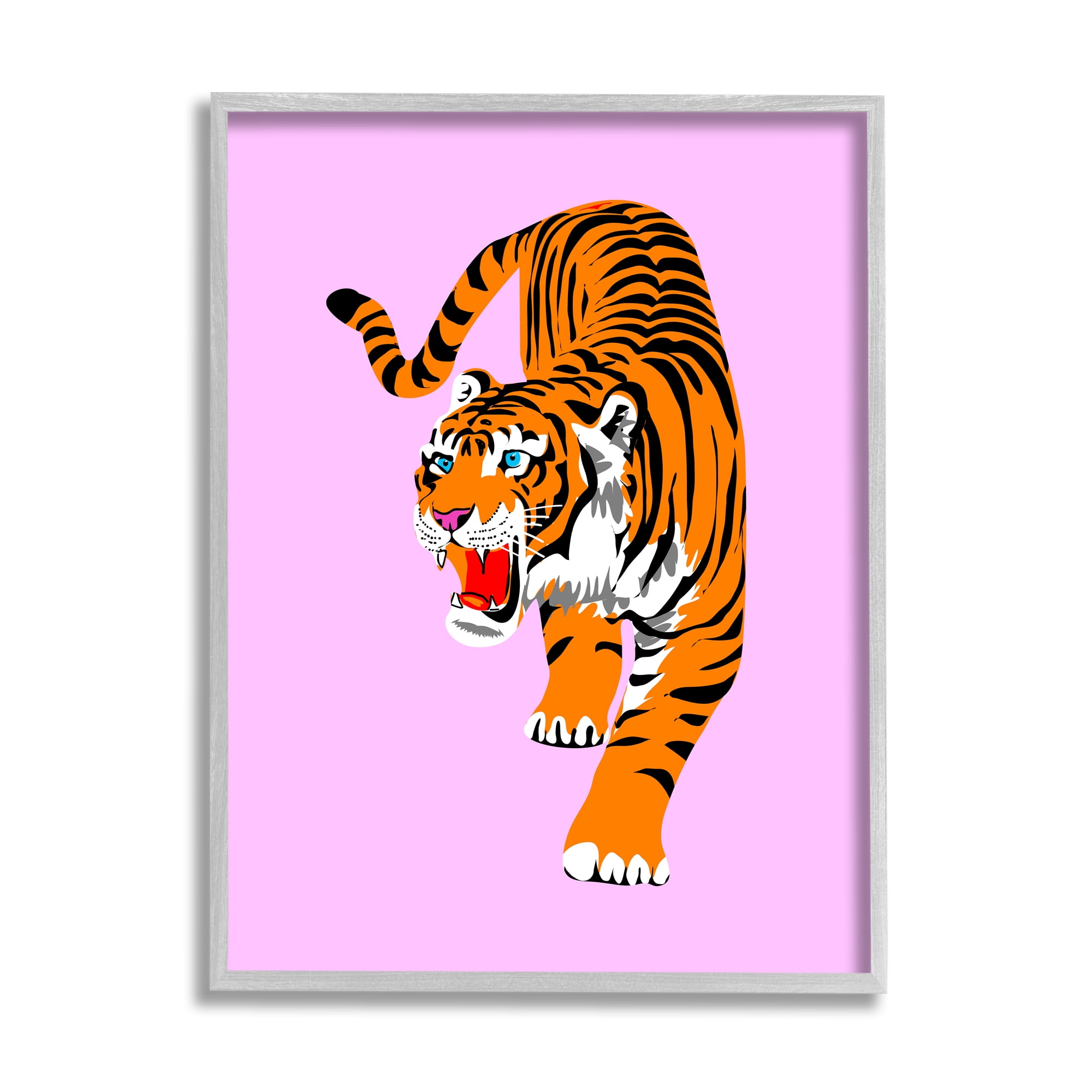 Stupell Industries Roaring Tiger on Pink Animals & Insects Painting Gray Framed Art Print Wall Art, 16 x 20