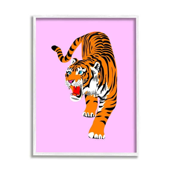Stupell Industries Roaring Tiger on Pink Animals & Insects Painting White Framed Art Print Wall Art, 24 x 30