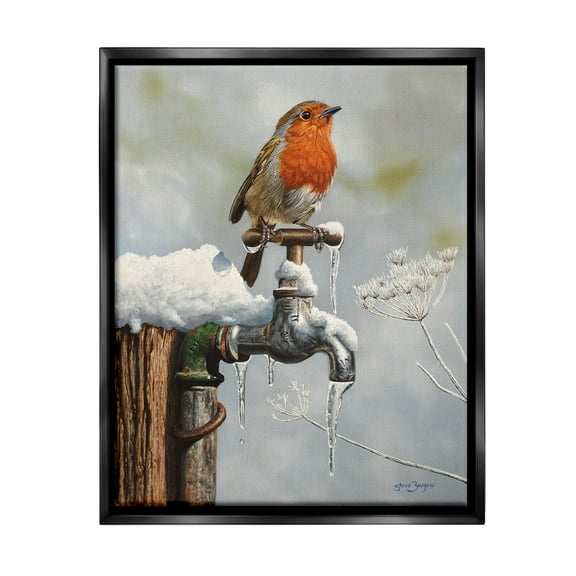 Stupell Industries Robin Bird & Winter Scene Animals & Insects Painting Black Floater Framed Canvas Art Print Wall Art, 17 x 21