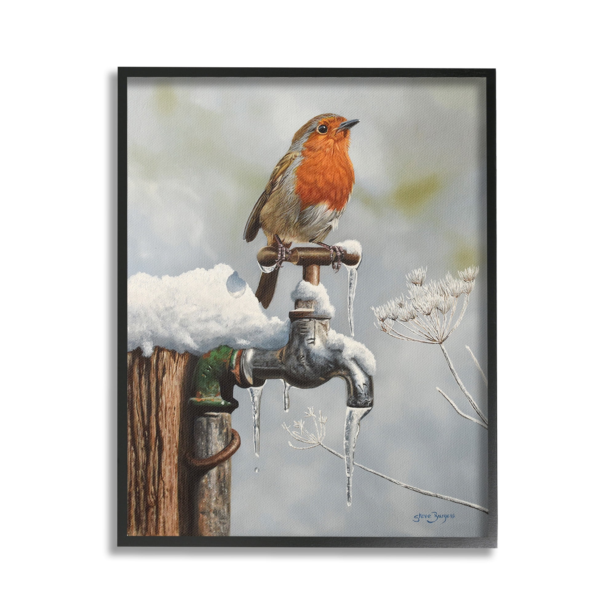 Stupell Industries Robin Bird & Winter Scene Animals & Insects Painting Black Framed Art Print Wall Art, 24 x 30