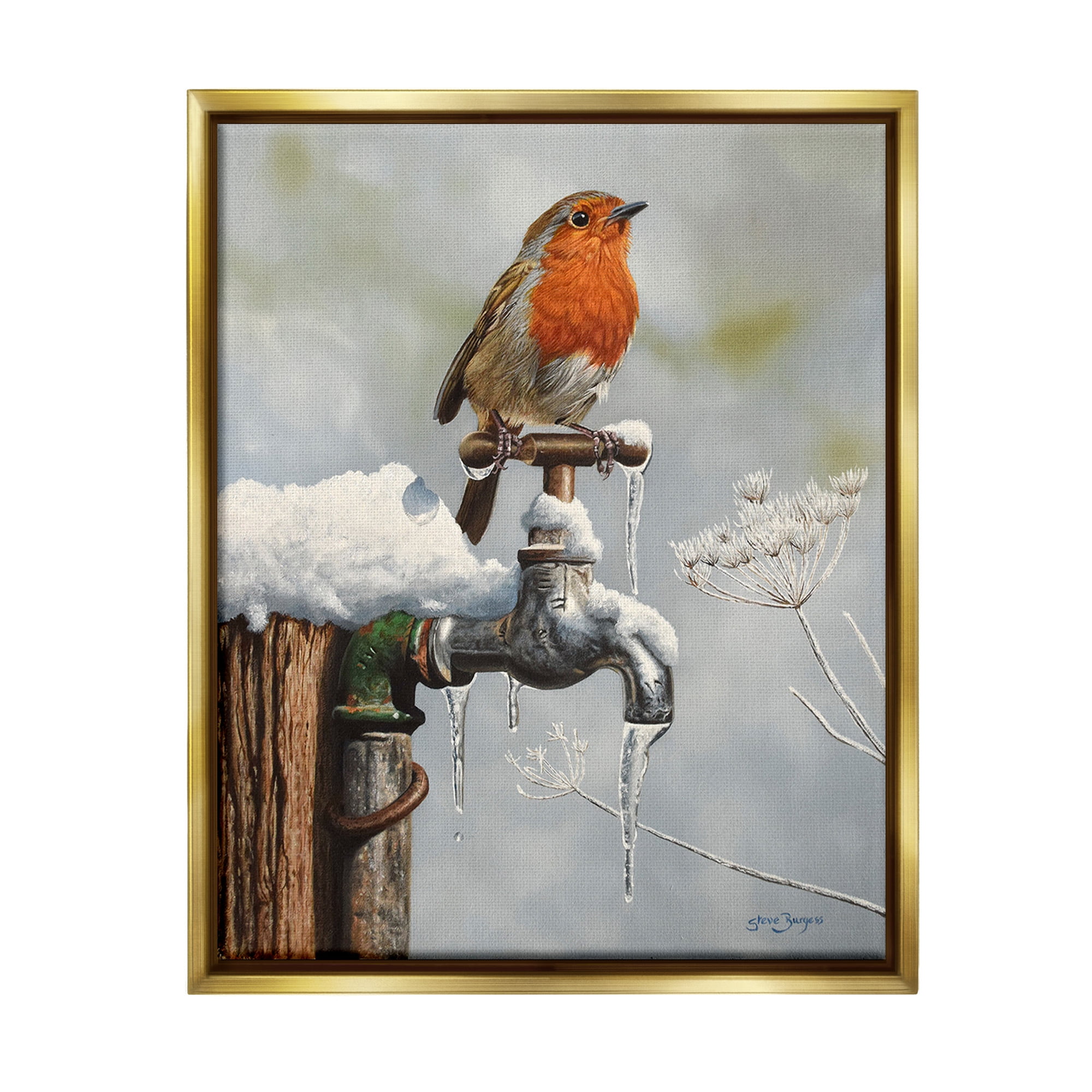 Stupell Industries Robin Bird & Winter Scene Animals & Insects Painting Gold Floater Framed Canvas Art Print Wall Art, 25 x 31
