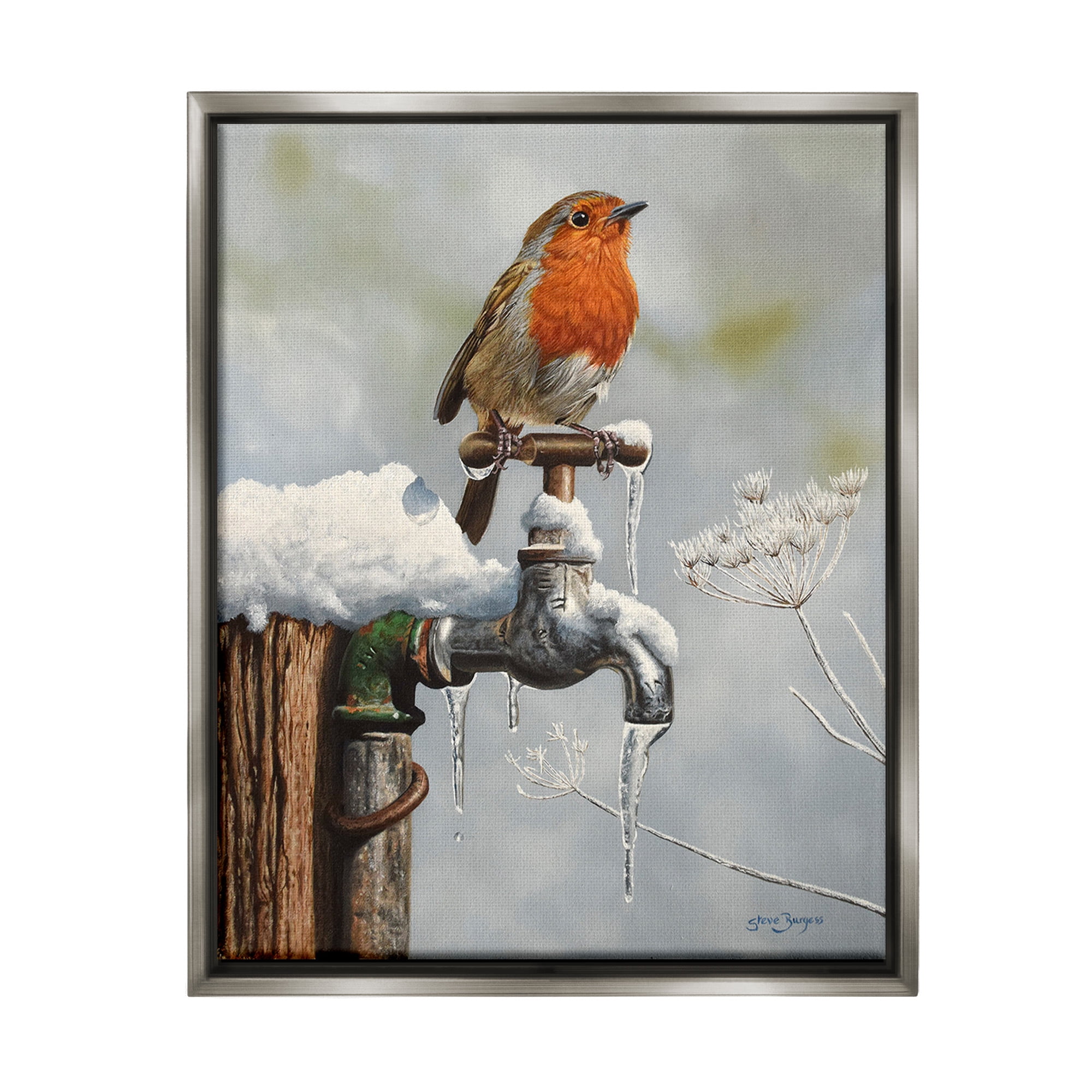 Stupell Industries Robin Bird & Winter Scene Animals & Insects Painting Gray Floater Framed Canvas Art Print Wall Art, 25 x 31