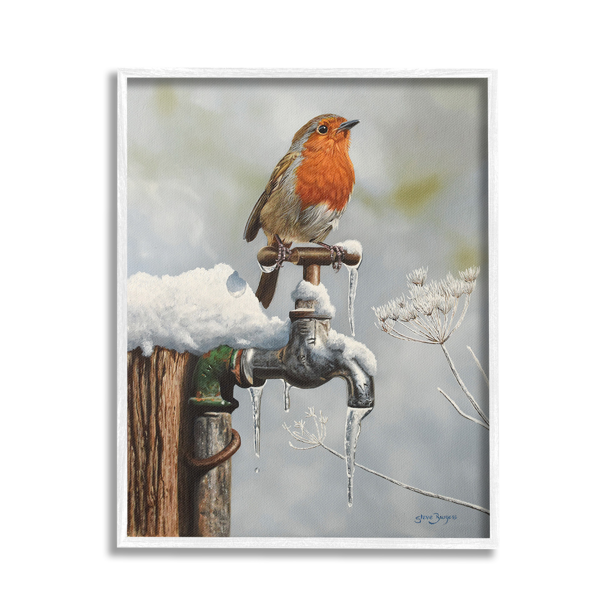 Stupell Industries Robin Bird & Winter Scene Animals & Insects Painting White Framed Art Print Wall Art, 24 x 30